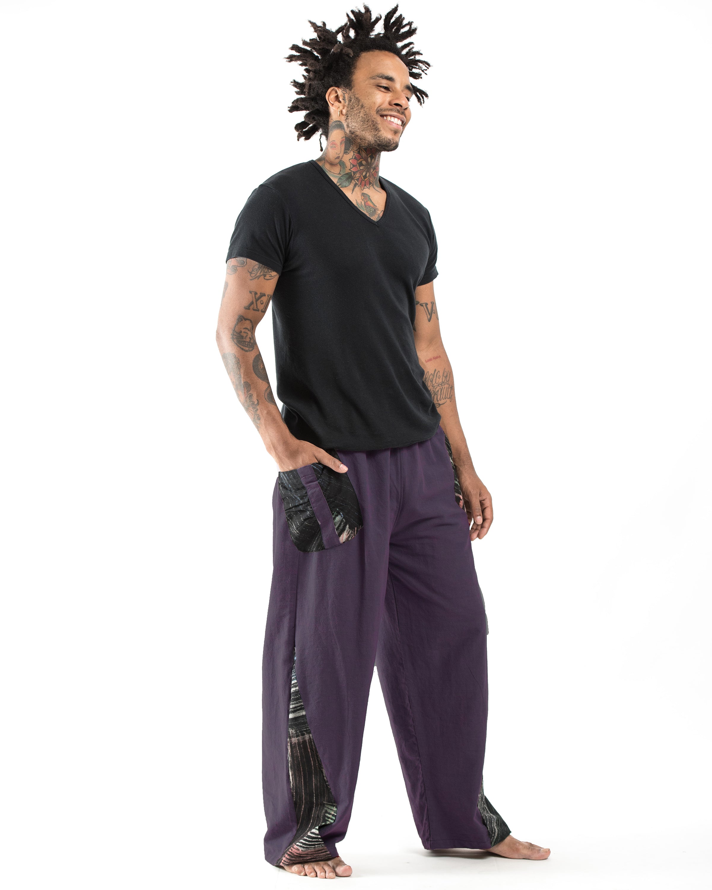 Thai Cotton Men's Pants With Hill Tribe Trim in Violet