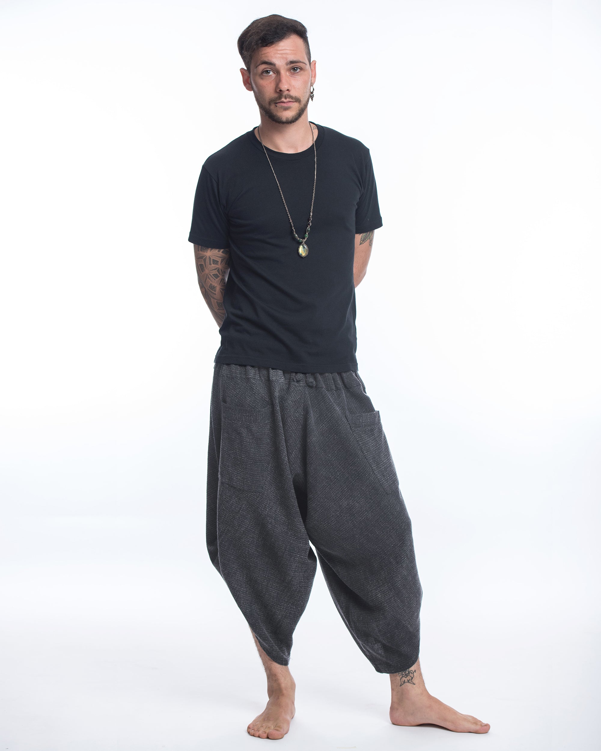 Stone Washed Large Pockets Men's Harem Pants in Black
