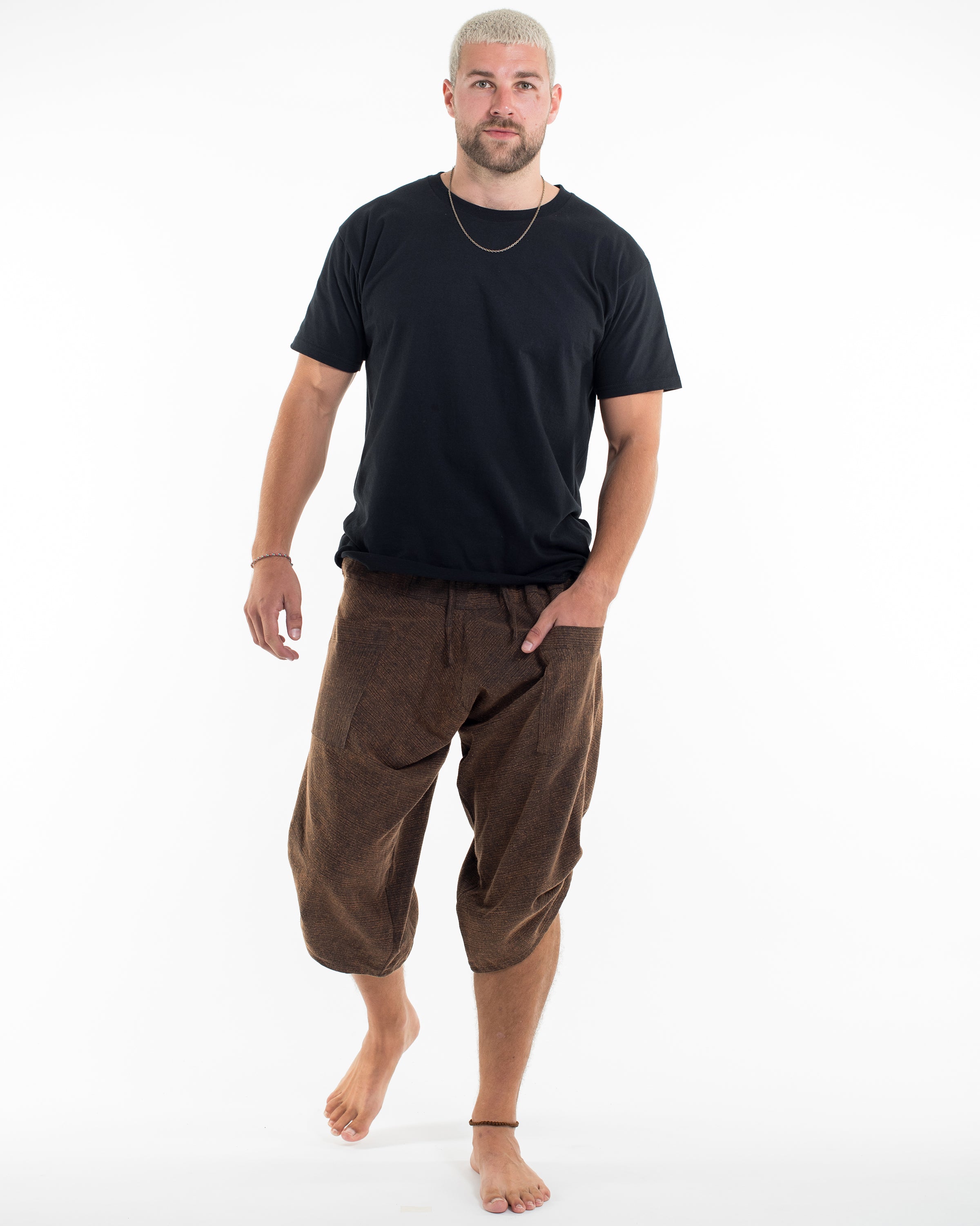Stone Washed Large Pockets Men's Harem Pants in Brown