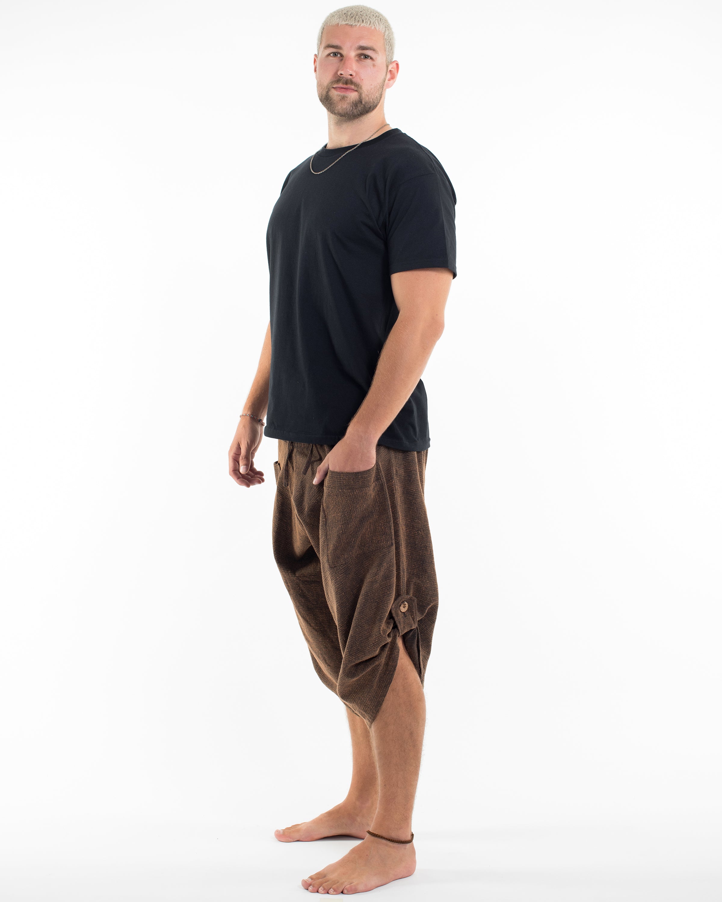 Stone Washed Large Pockets Men's Harem Pants in Brown