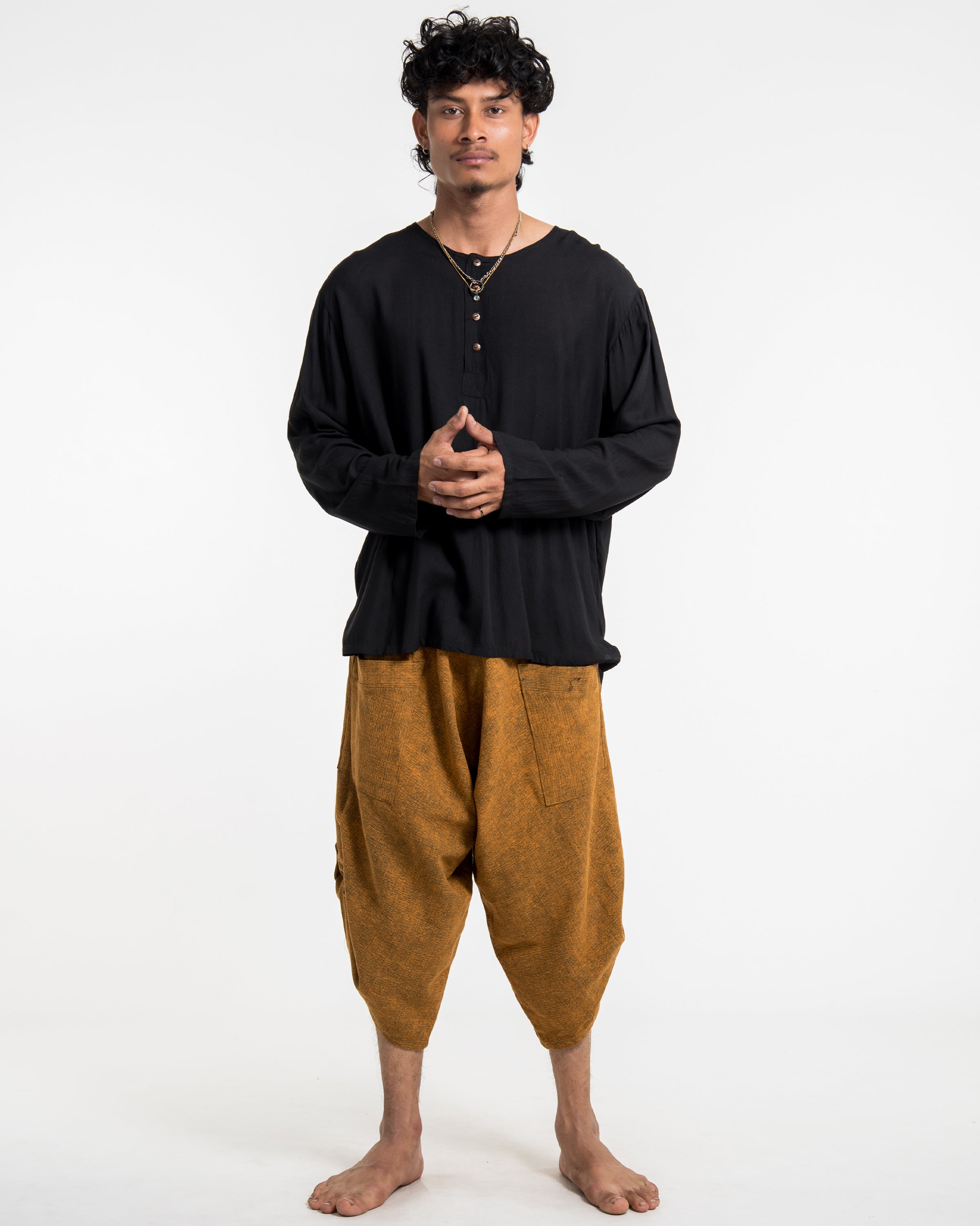 Stone Washed Large Pockets Men's Harem Pants in Brown Gold