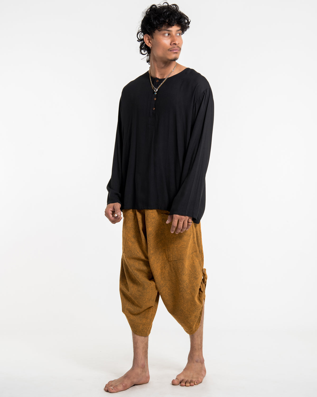 Stone Washed Large Pockets Men's Harem Pants in Brown Gold