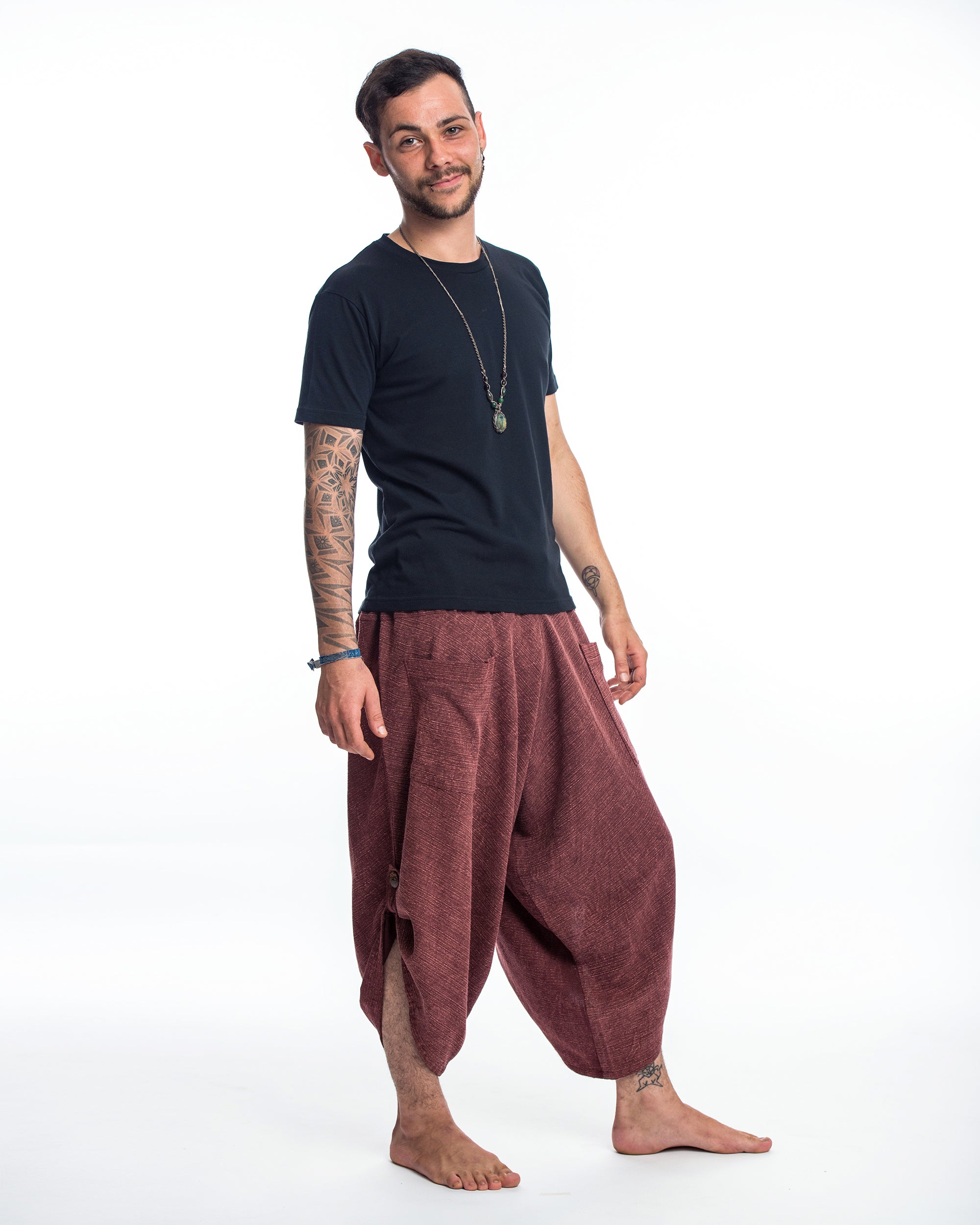 Stone Washed Large Pockets Men's Harem Pants in Maroon