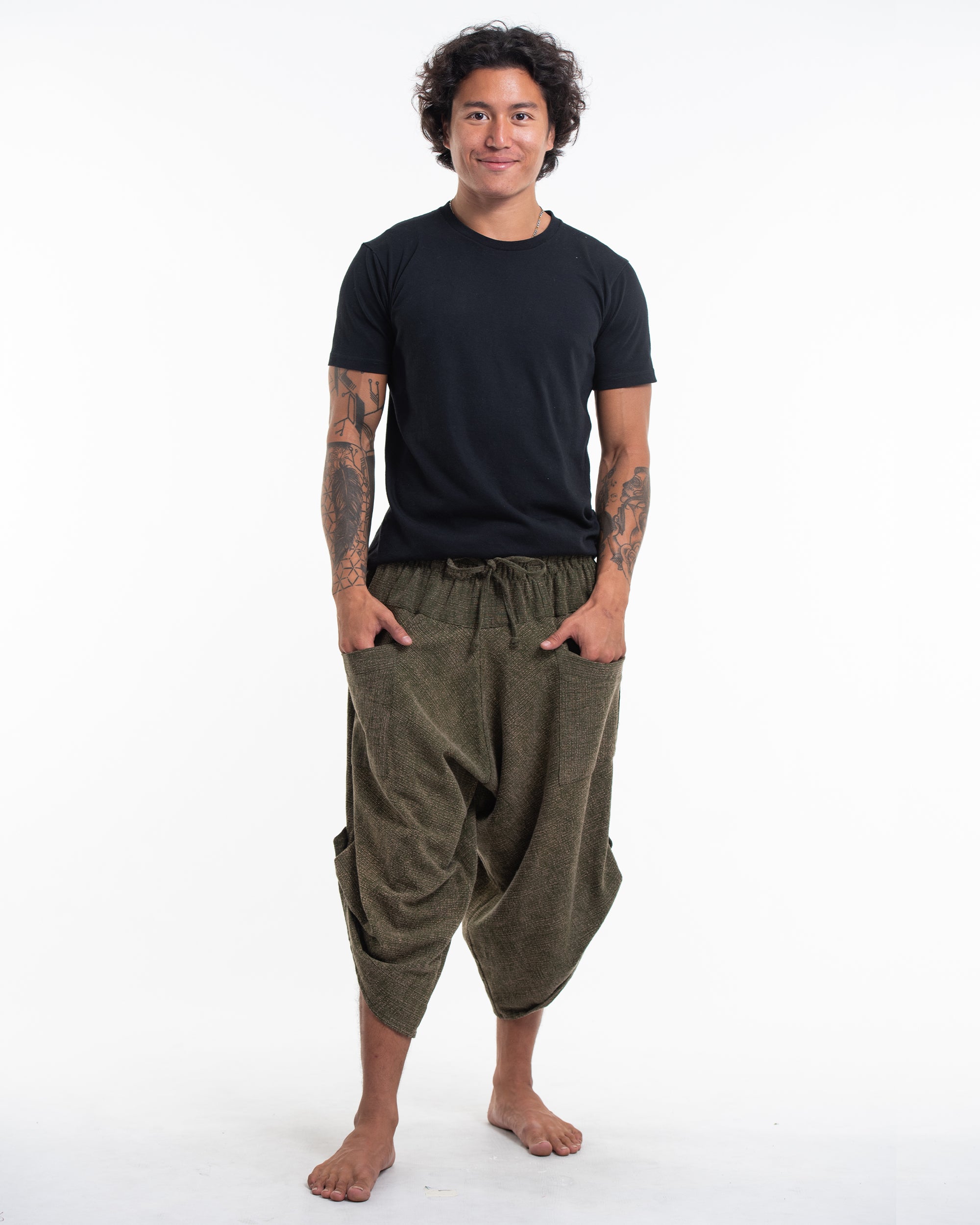 Stone Washed Large Pockets Men's Harem Pants in Olive