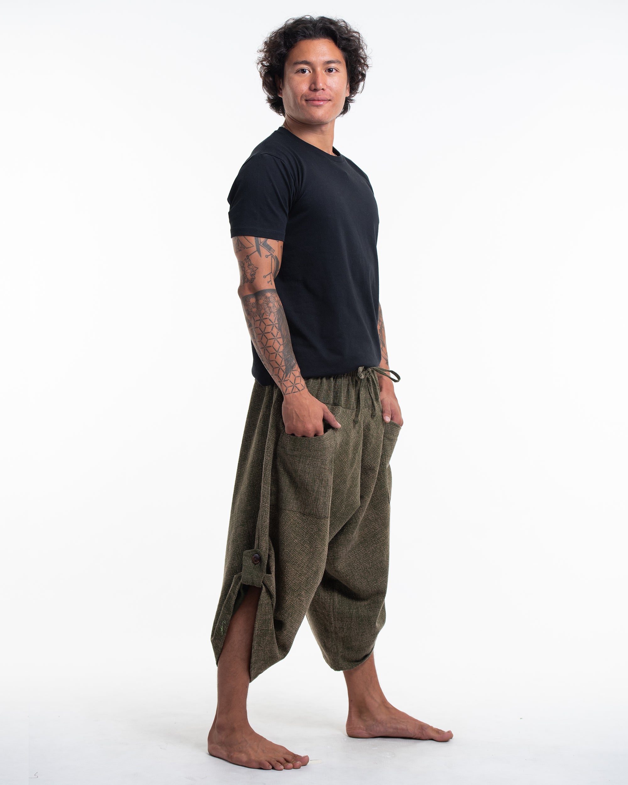 Stone Washed Large Pockets Men's Harem Pants in Olive