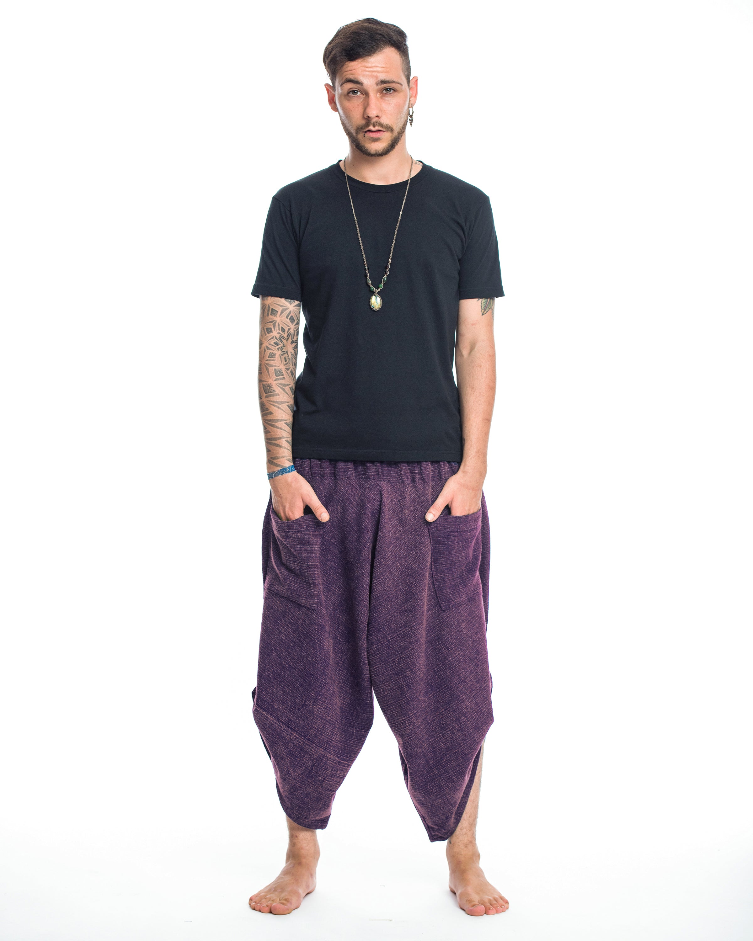 Stone Washed Large Pockets Men's Harem Pants in Purple