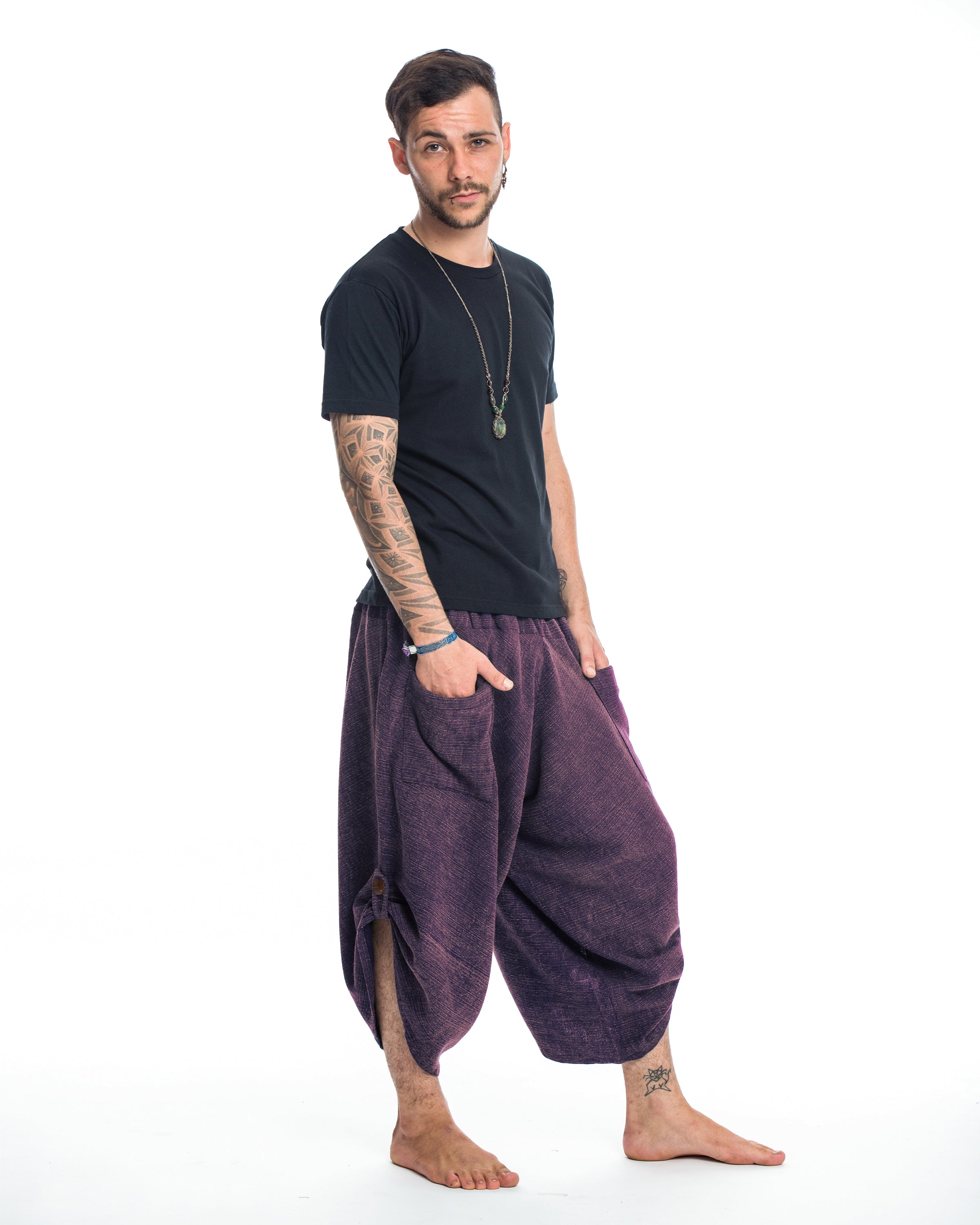Stone Washed Large Pockets Men's Harem Pants in Purple
