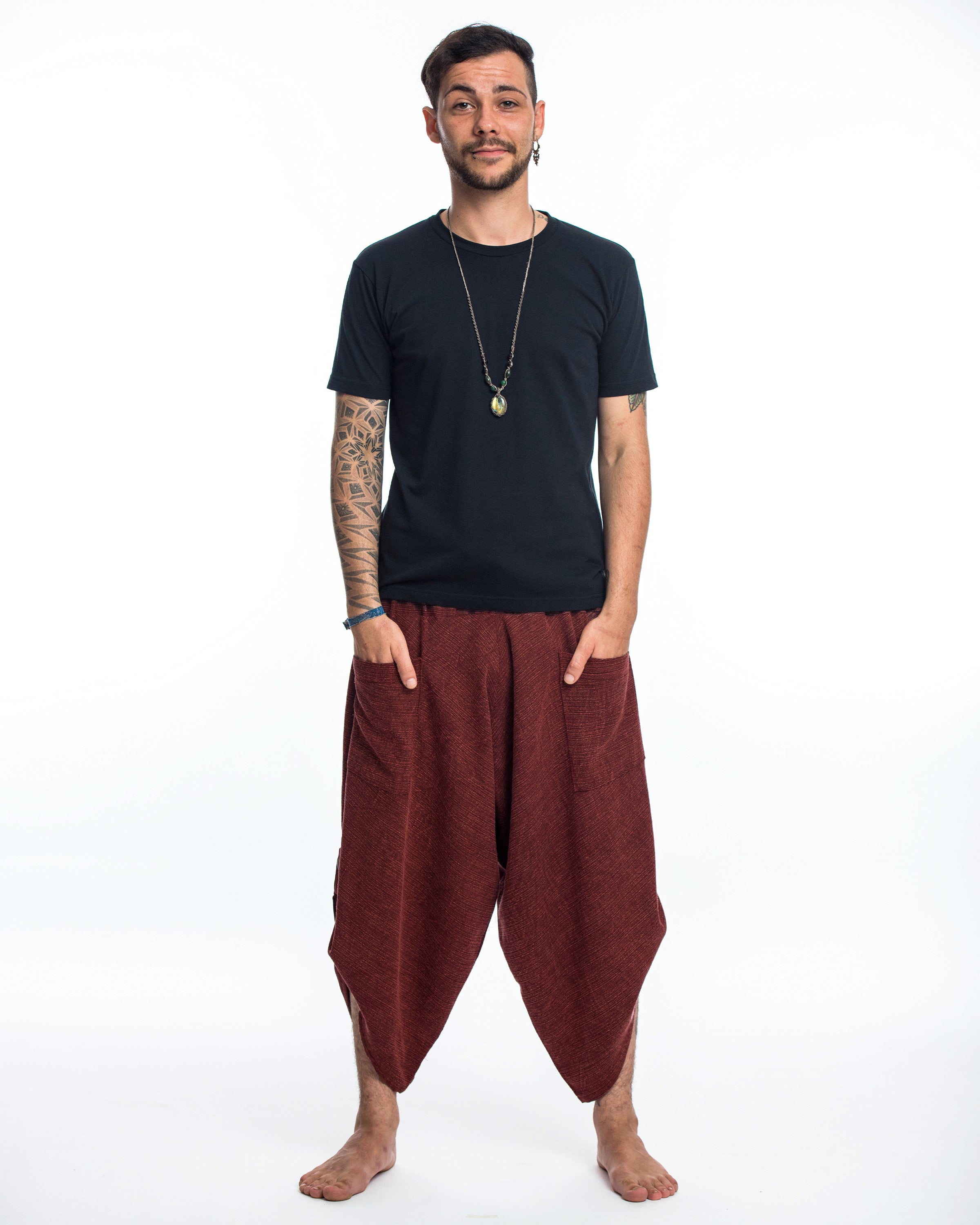 Stone Washed Large Pockets Men's Harem Pants in Red