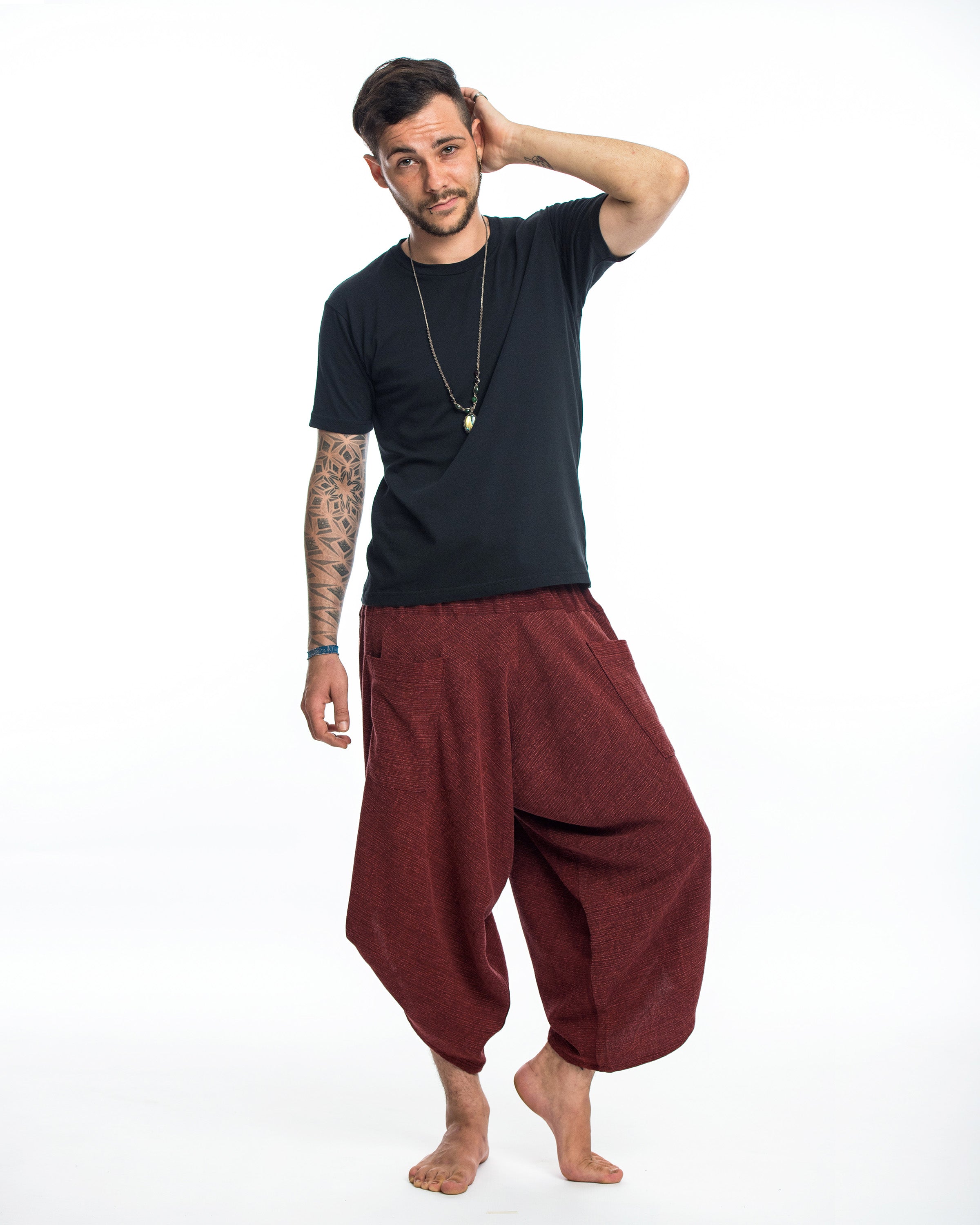 Stone Washed Large Pockets Men's Harem Pants in Red