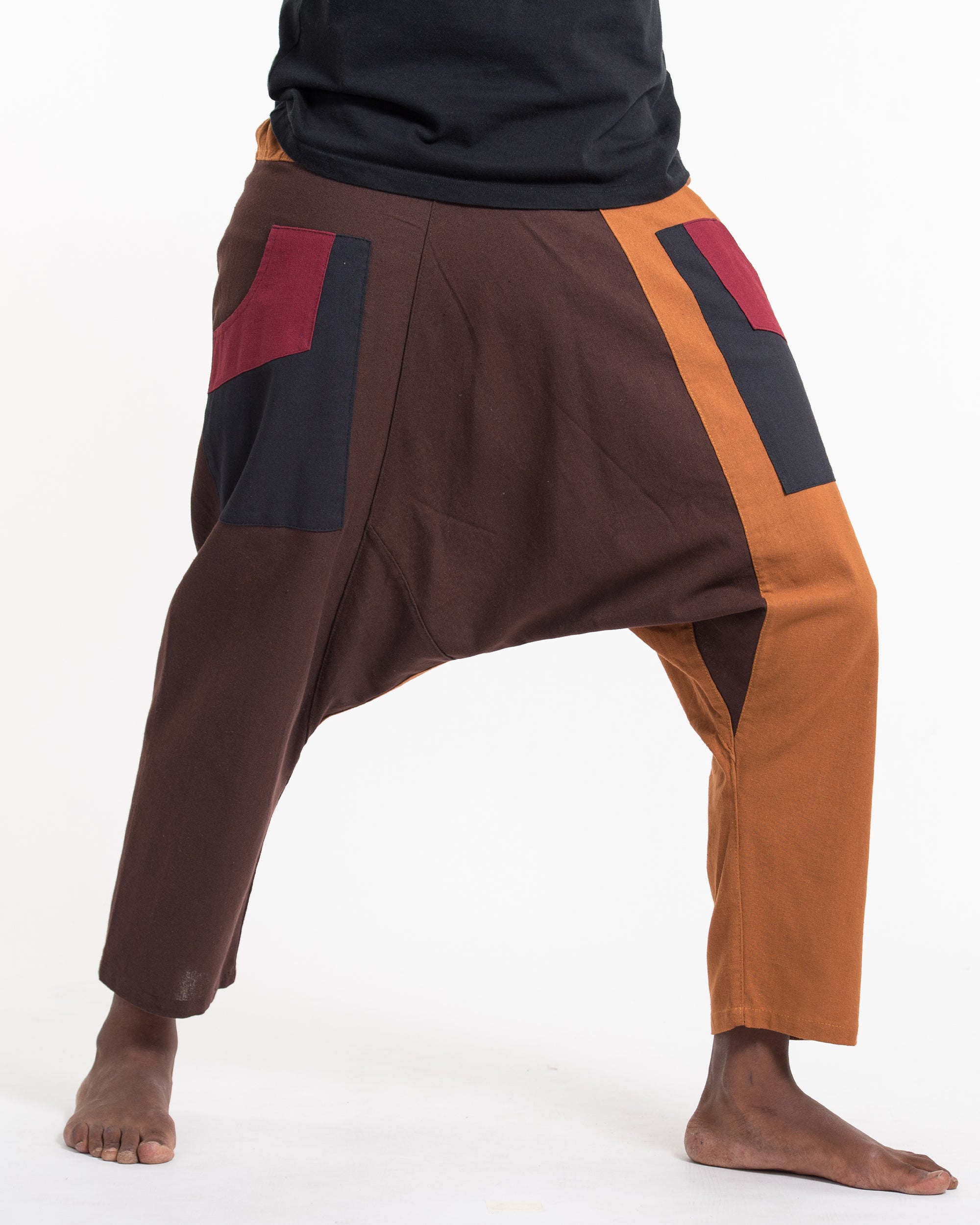 Patchwork Cotton Men's Harem Pants in Brown
