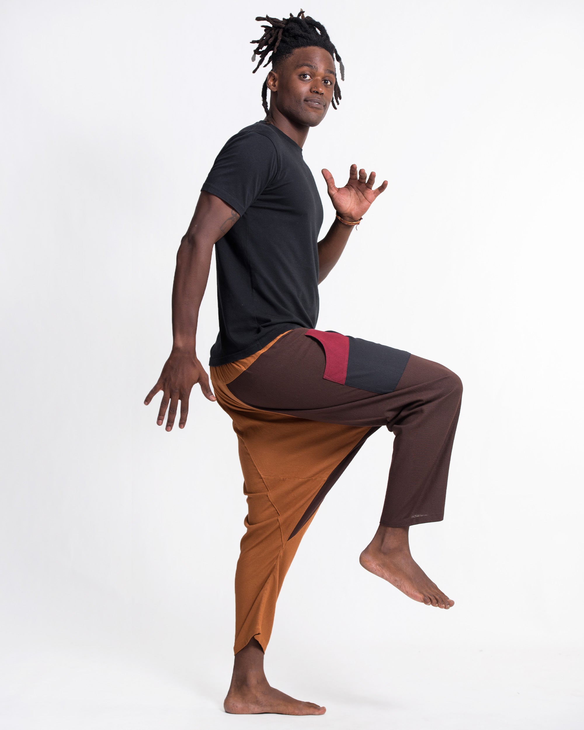 Patchwork Cotton Men's Harem Pants in Brown