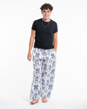 Tribal Mask Print Men Cotton Pants in White