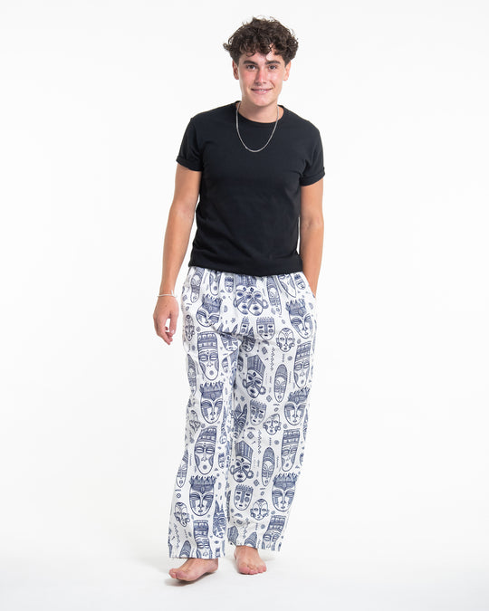 Tribal Mask Print Men Cotton Pants in White