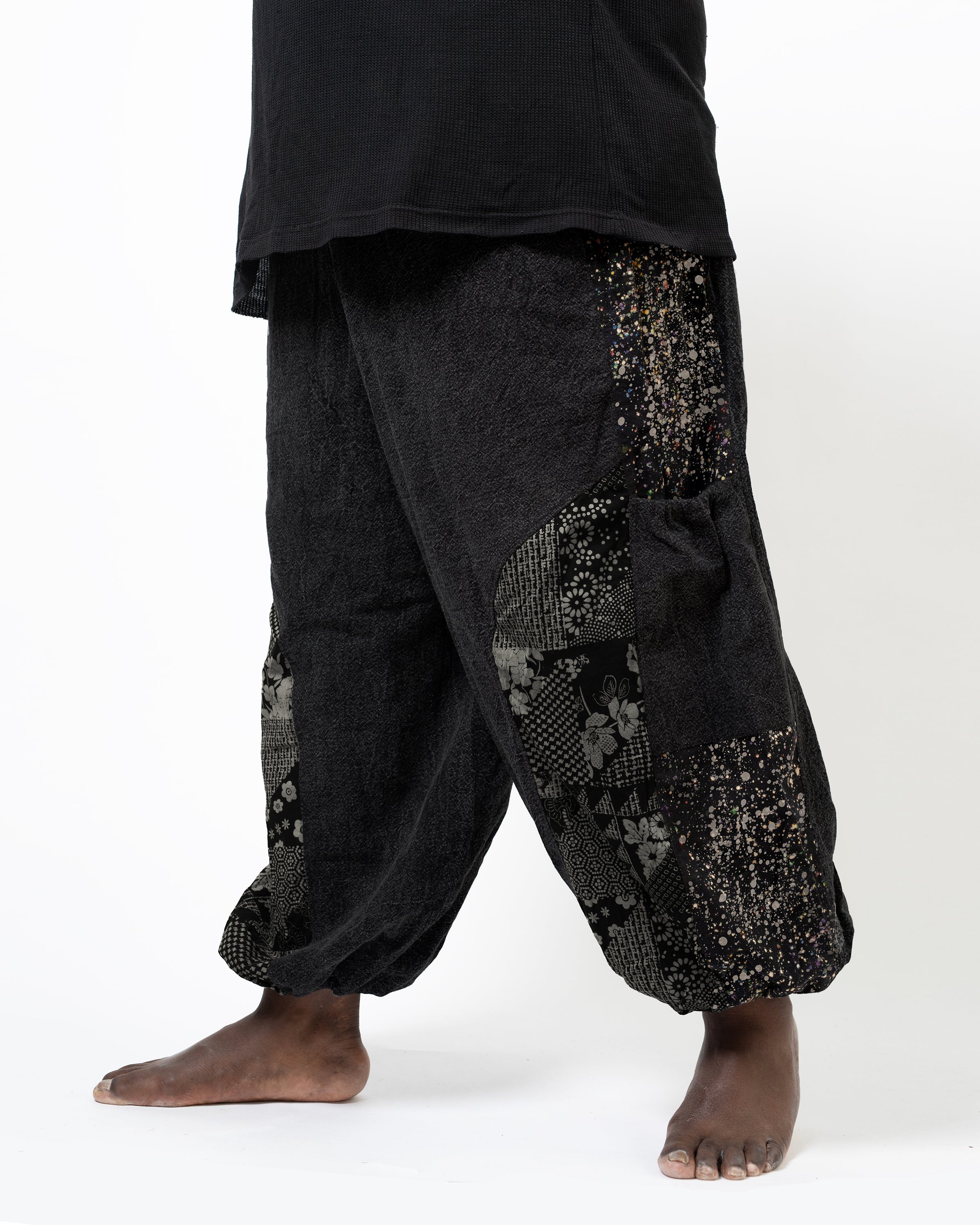 Plus Size Stone Washed Patchwork Men Unisex Pants in Black