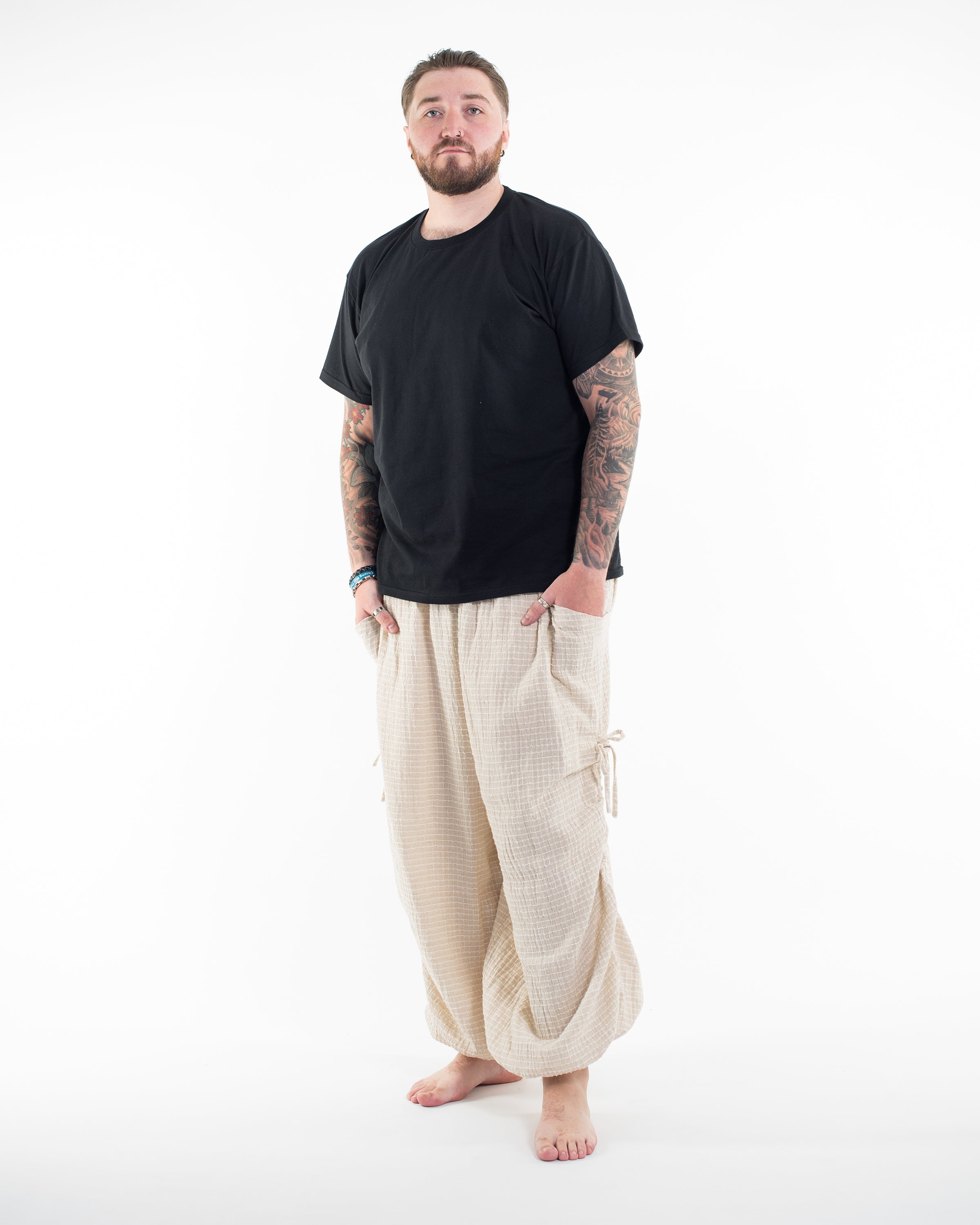Plus Size Men's Ribbed Linen Cotton Blend Pants in Natural