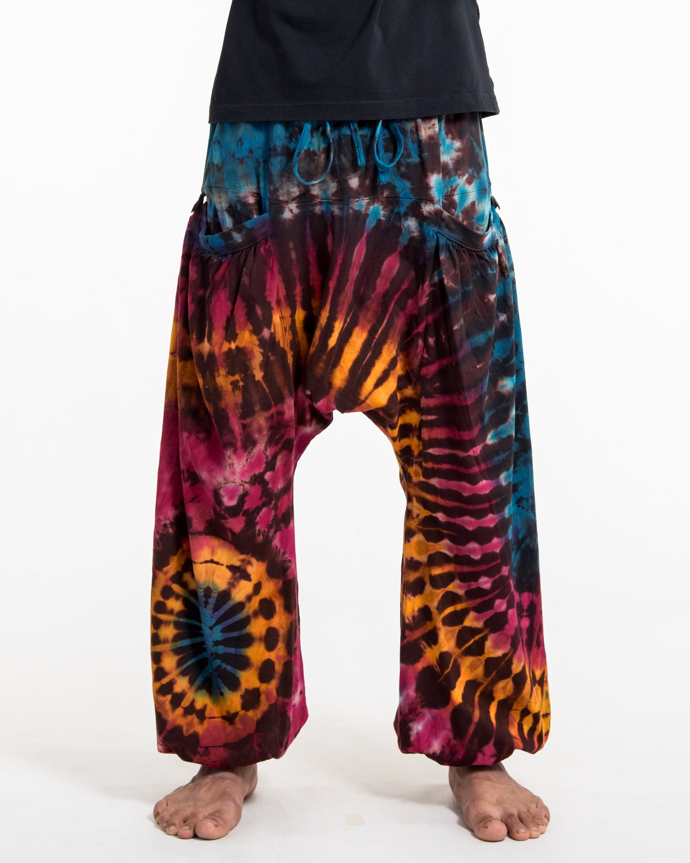 Tie Dye Cotton Men Harem Pants in Blue Brown