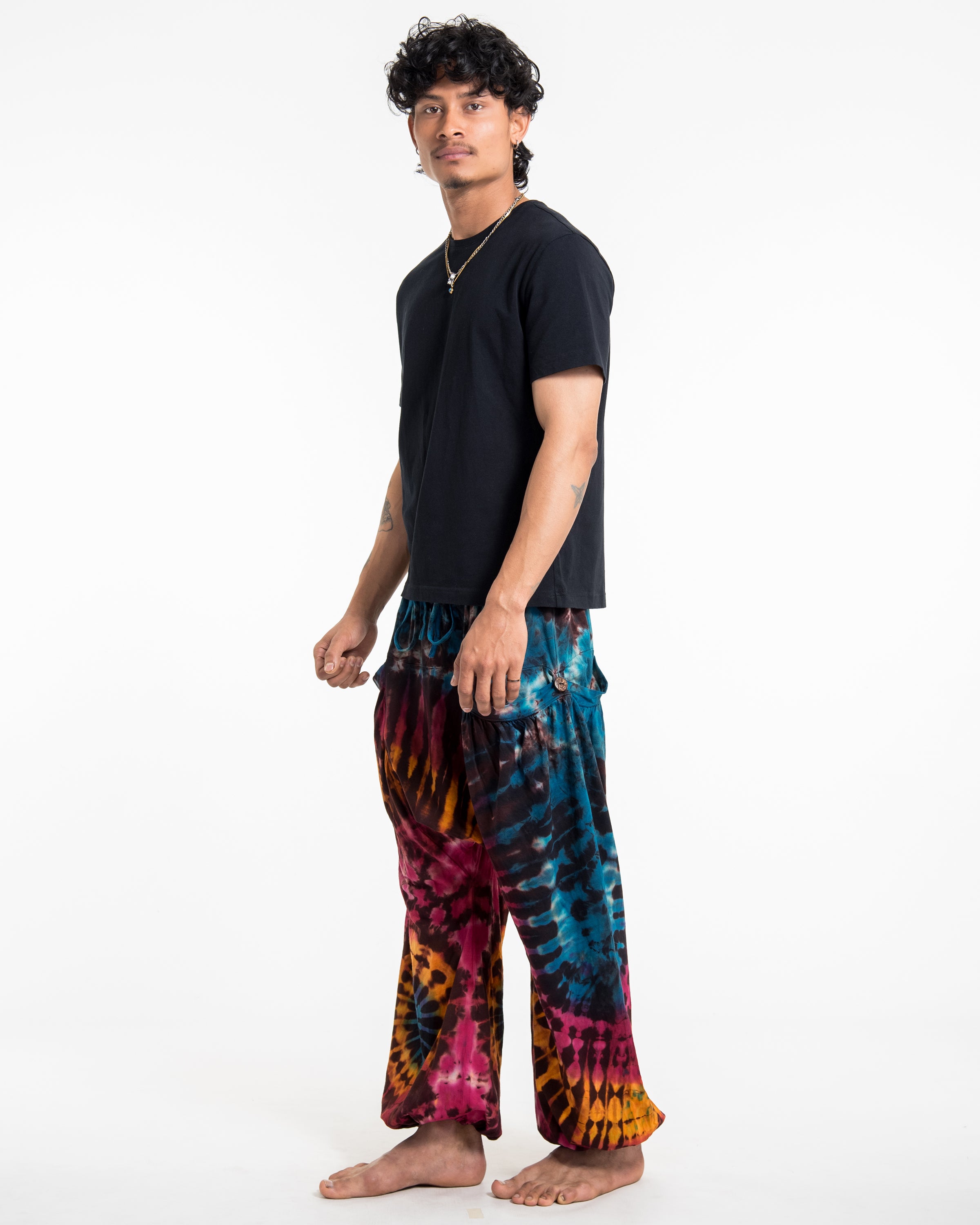 Tie Dye Cotton Men Harem Pants in Blue Brown