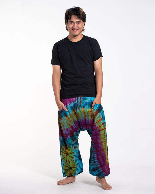 Tie Dye Cotton Men Harem Pants in Blue Yellow