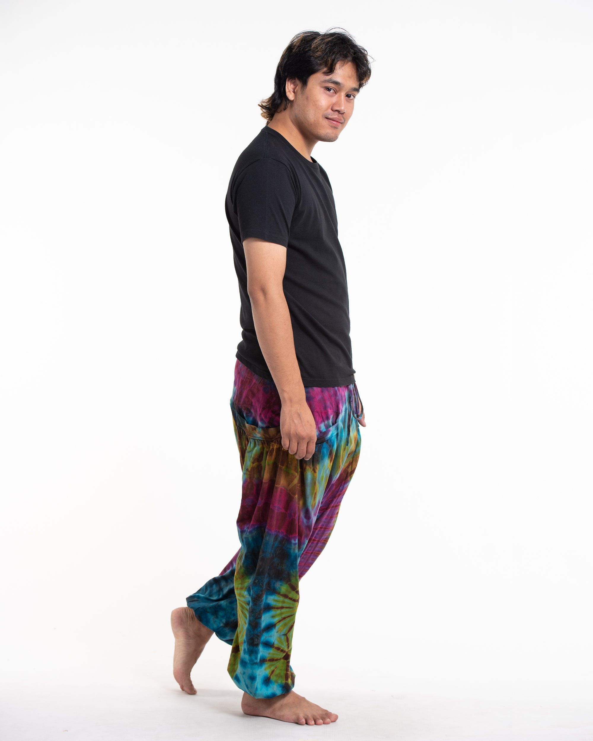 Tie Dye Cotton Men Harem Pants in Blue Yellow