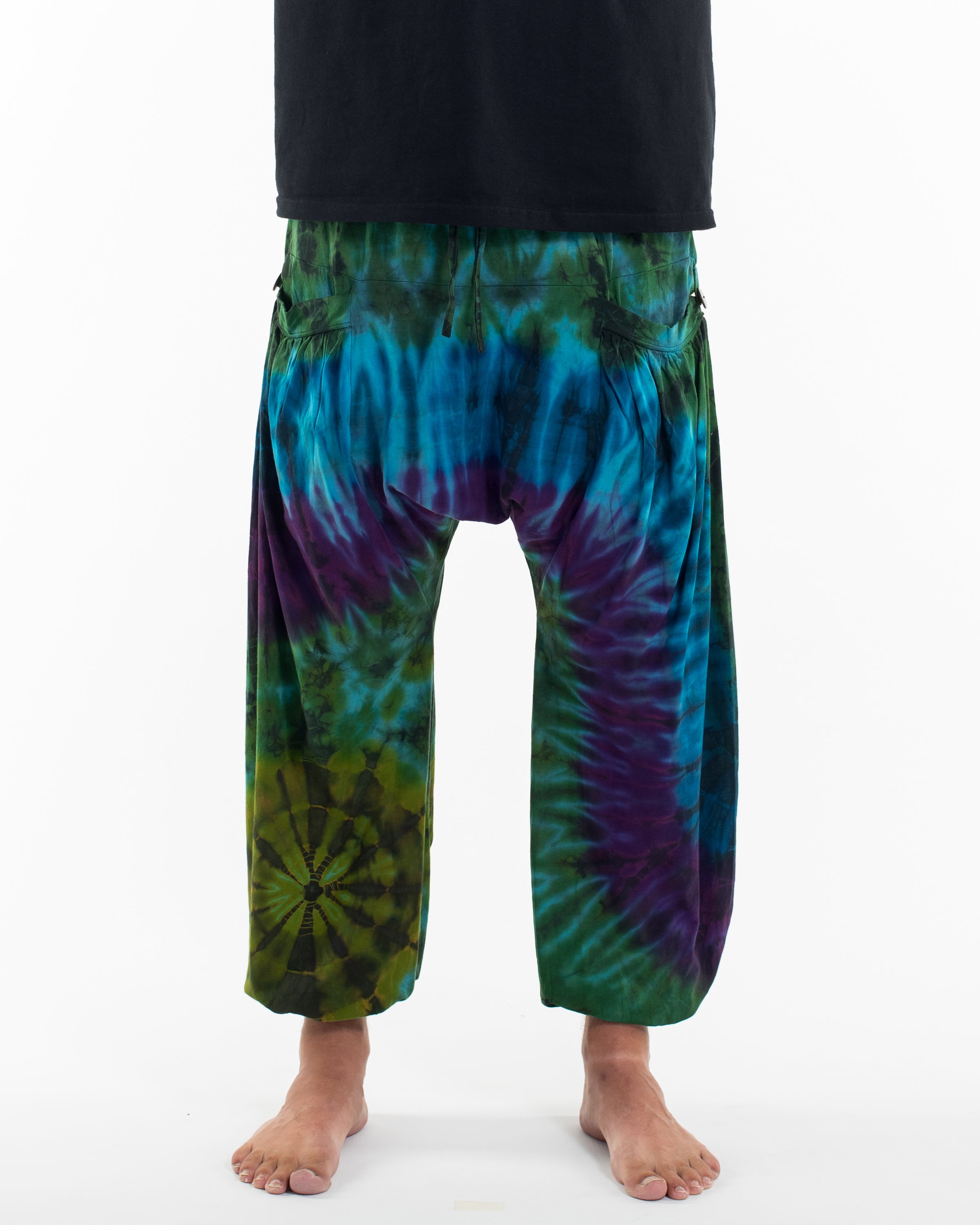 Tie Dye Cotton Men Harem Pants in Green Blue