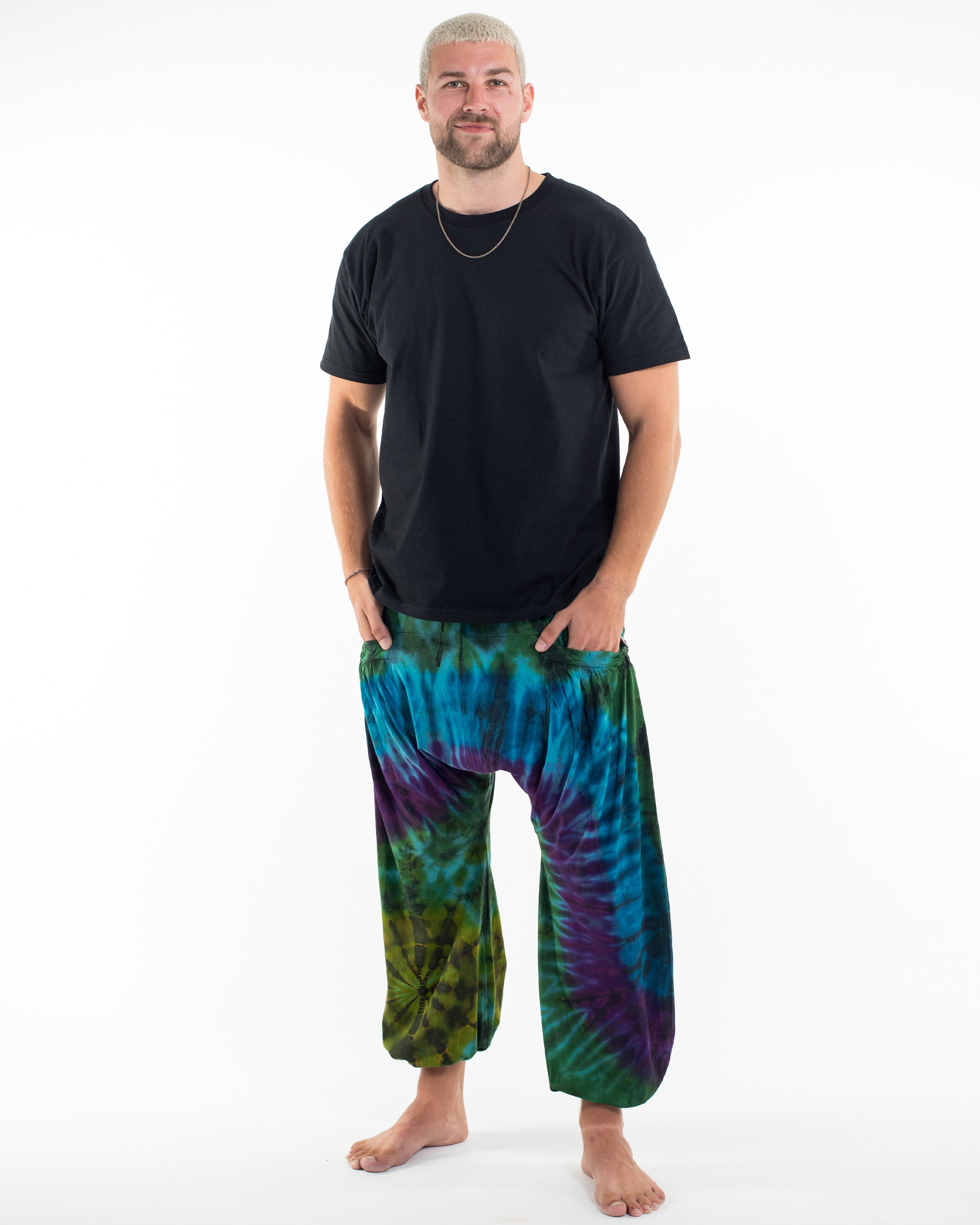 Tie Dye Cotton Men Harem Pants in Green Blue