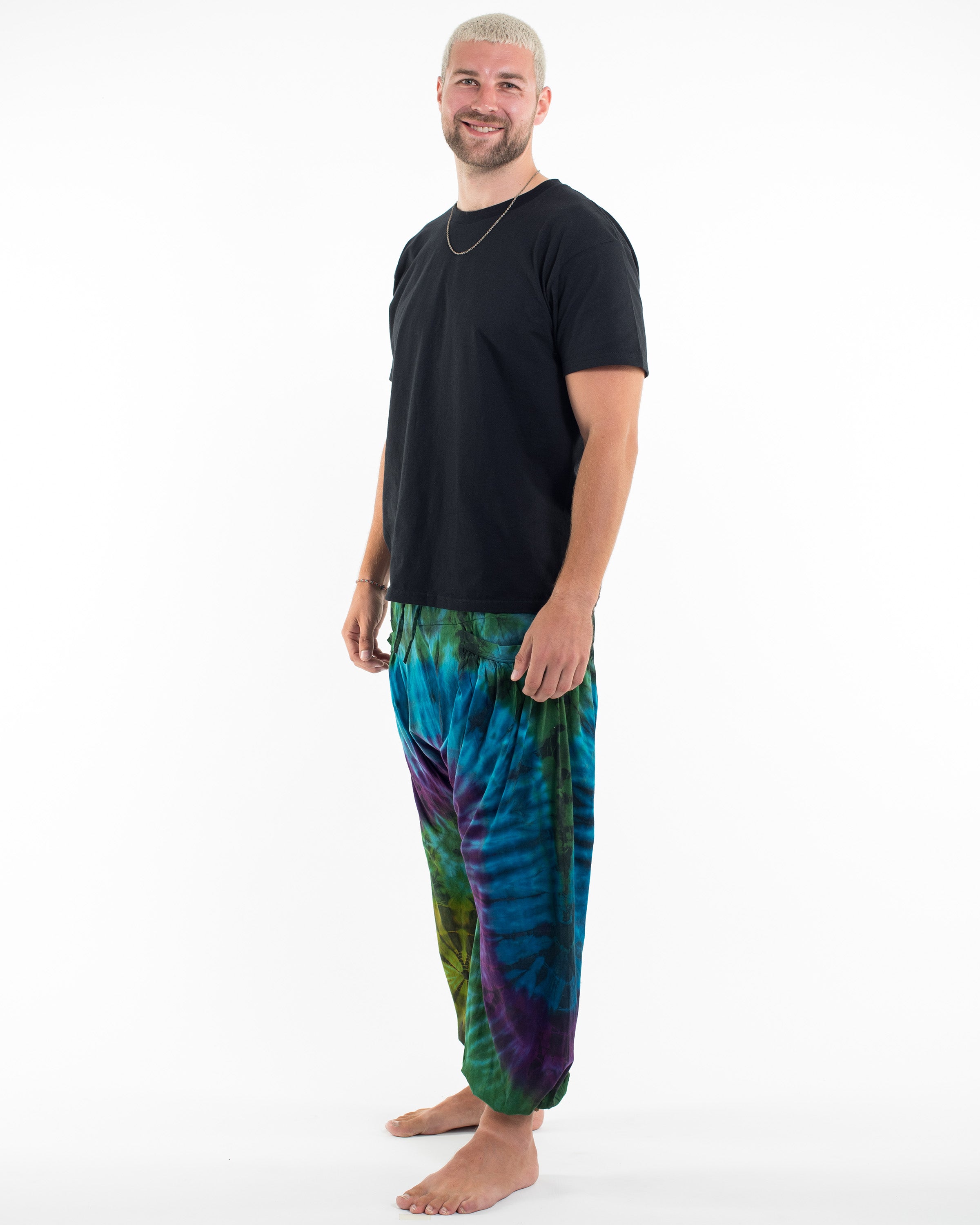 Tie Dye Cotton Men Harem Pants in Green Blue