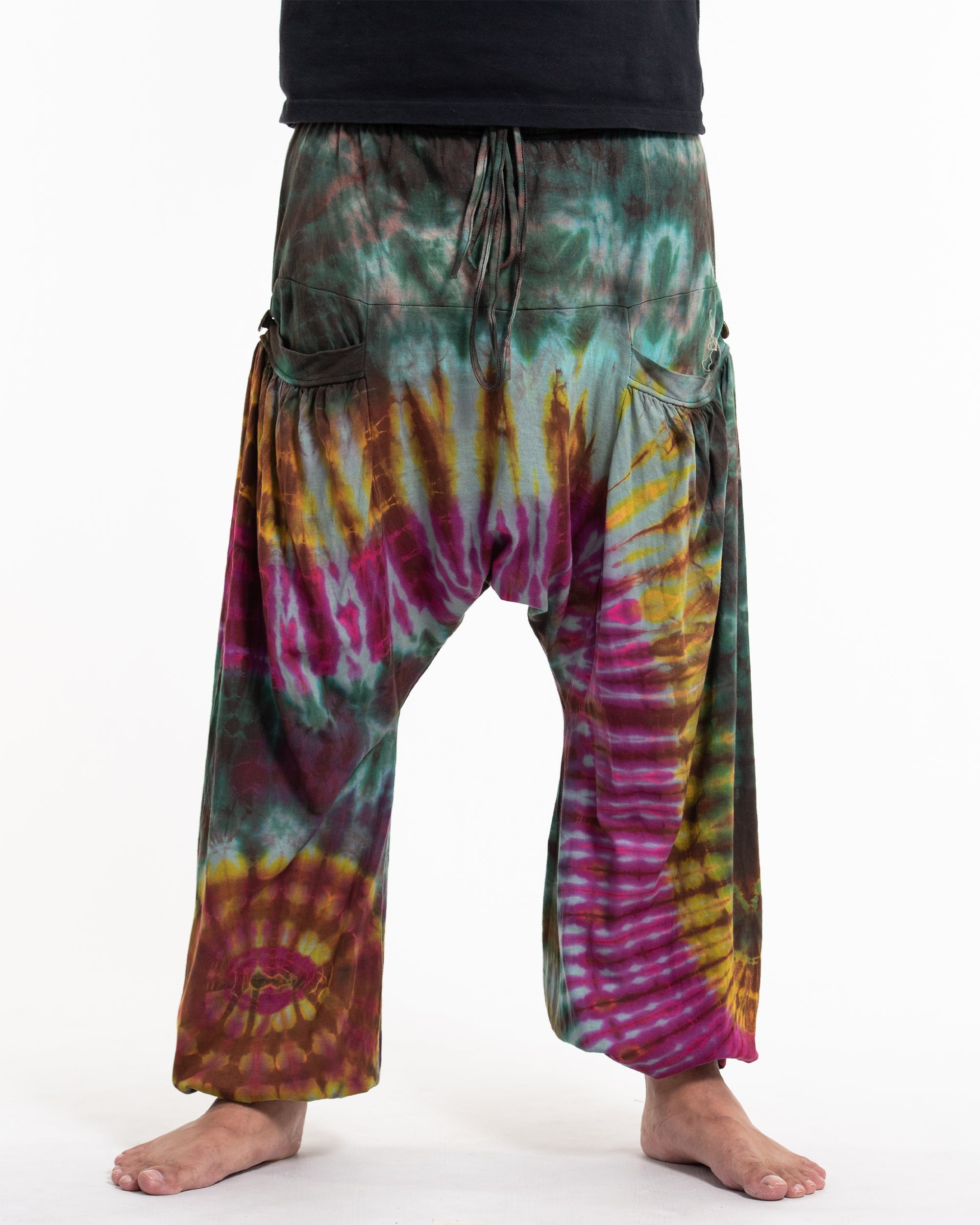 Tie Dye Cotton Men Harem Pants in Green Pink