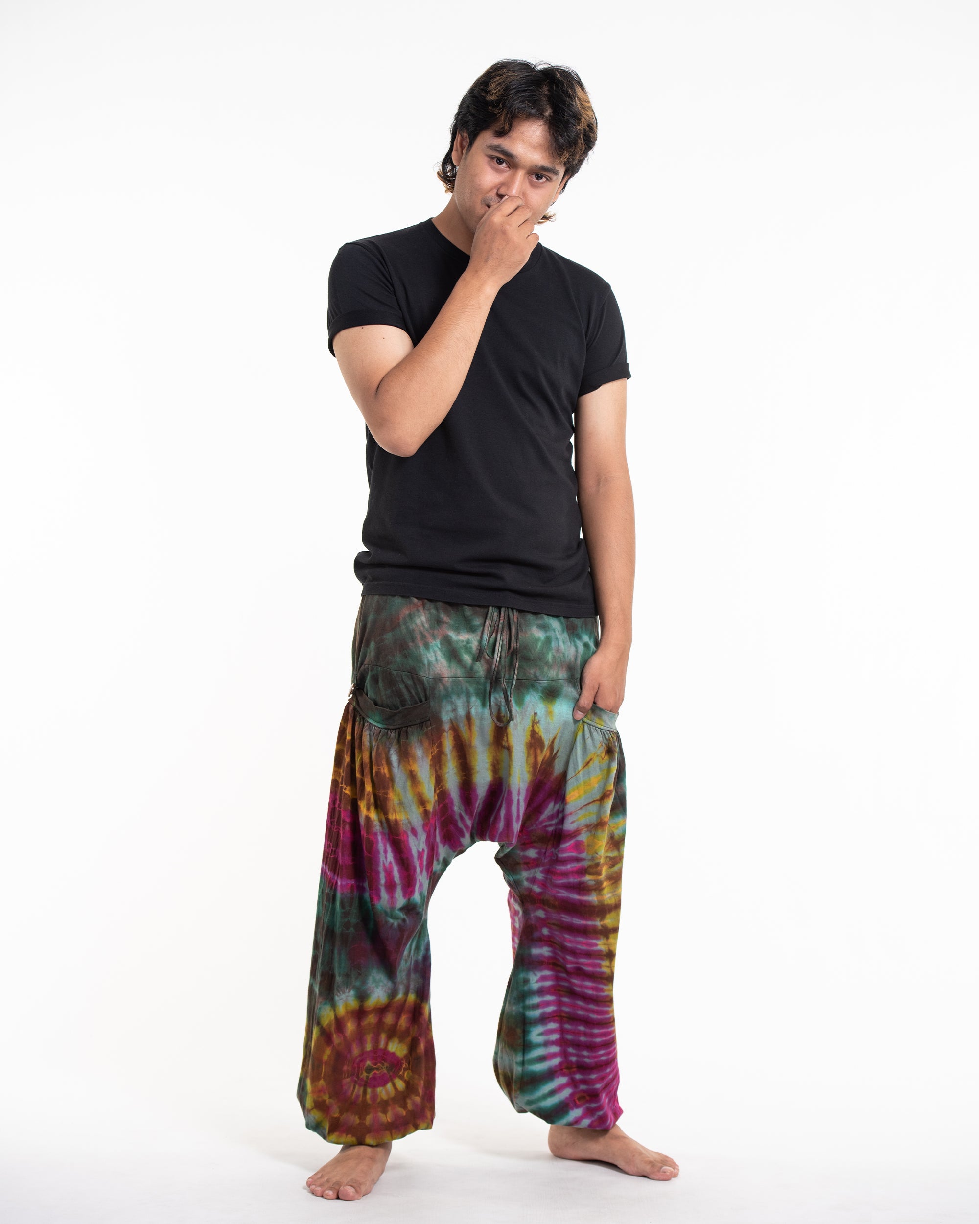 Tie Dye Cotton Men Harem Pants in Green Pink