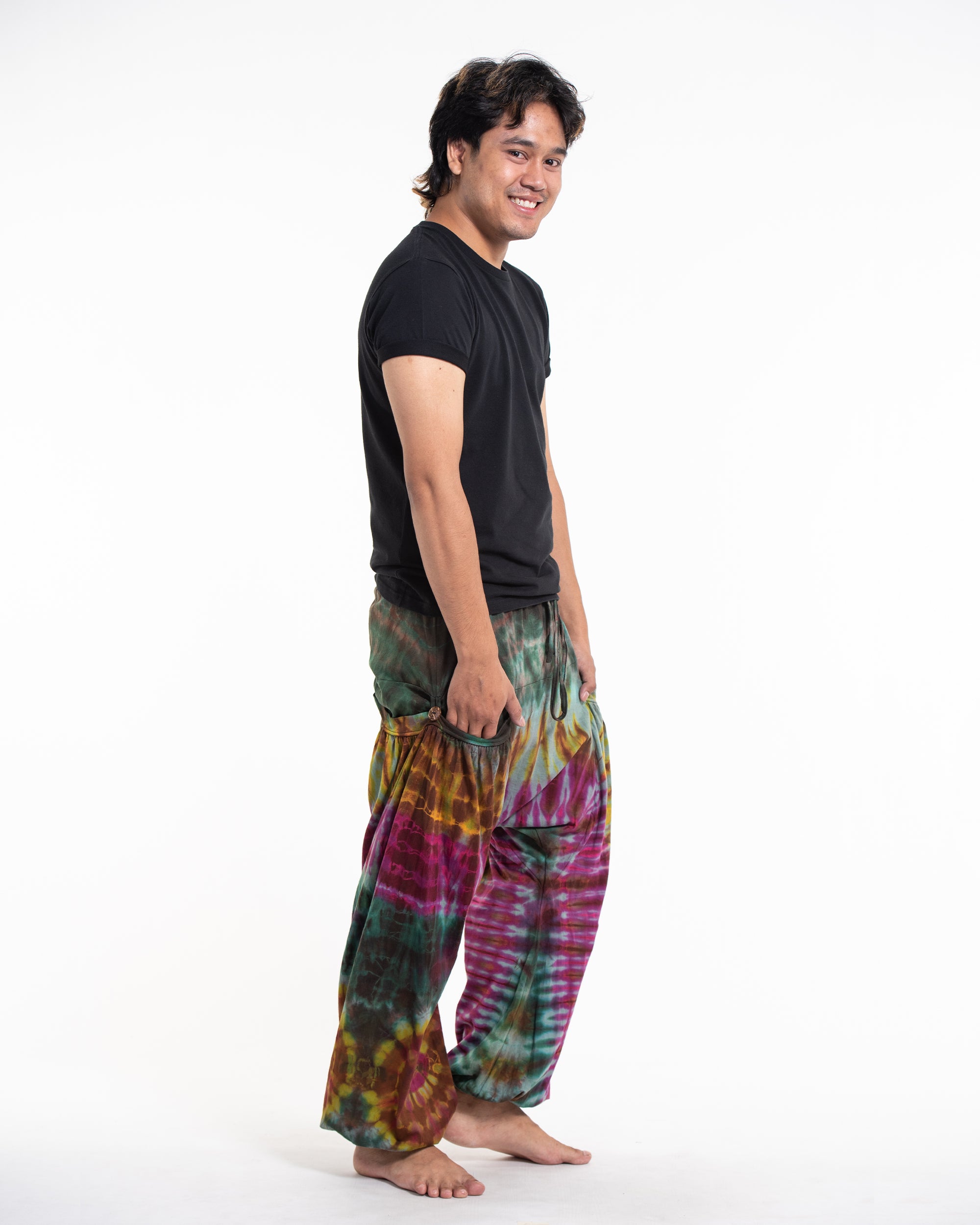 Tie Dye Cotton Men Harem Pants in Green Pink