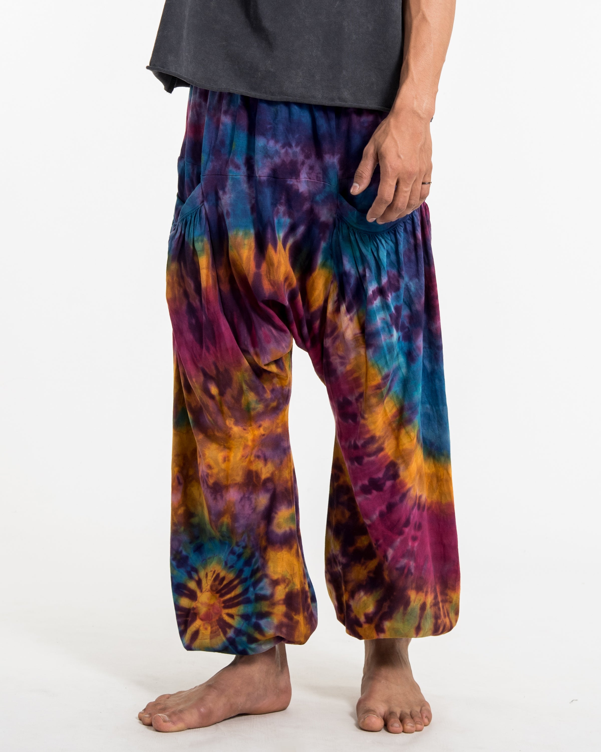 Tie Dye Cotton Men Harem Pants in Purple Rainbow