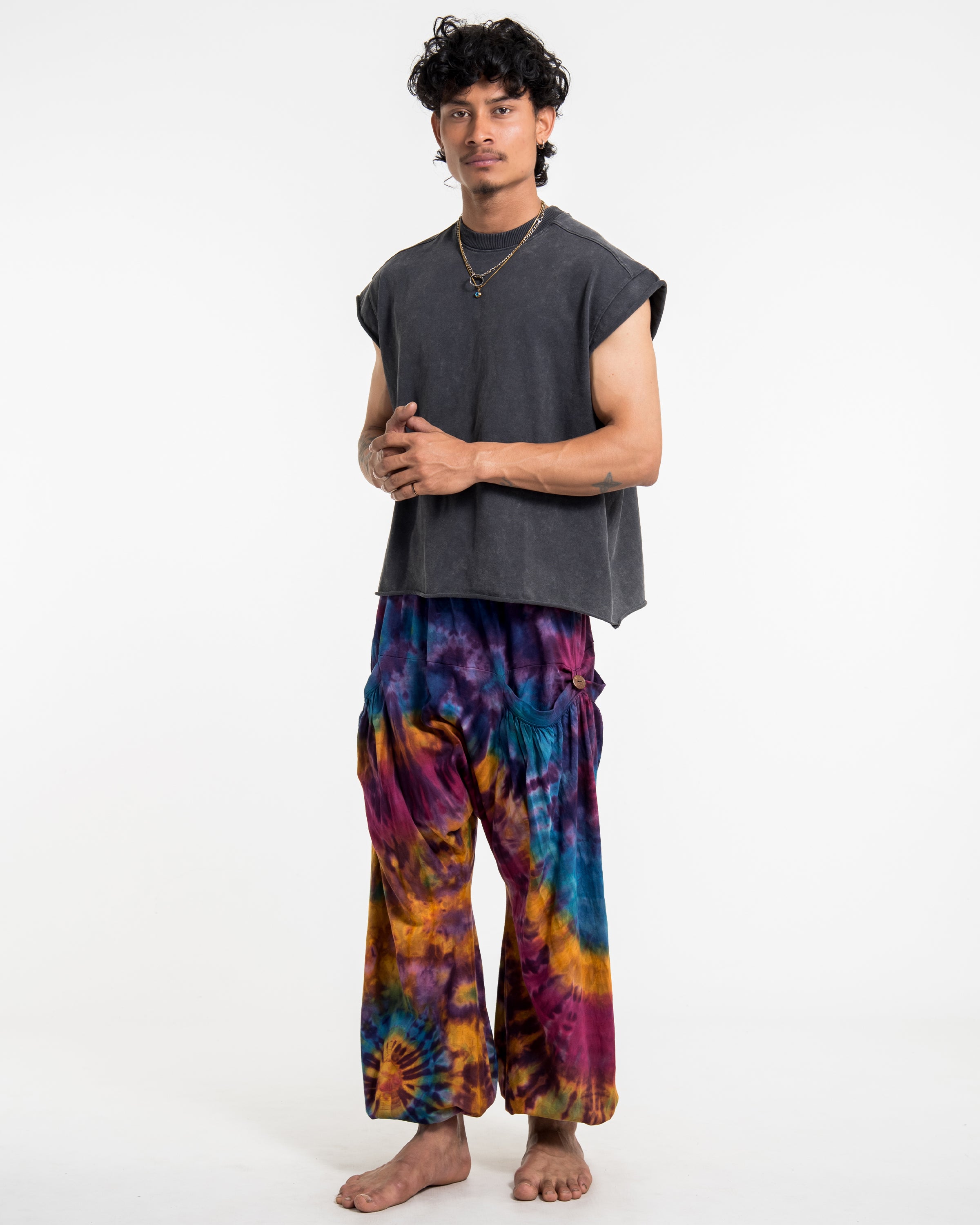 Tie Dye Cotton Men Harem Pants in Purple Rainbow