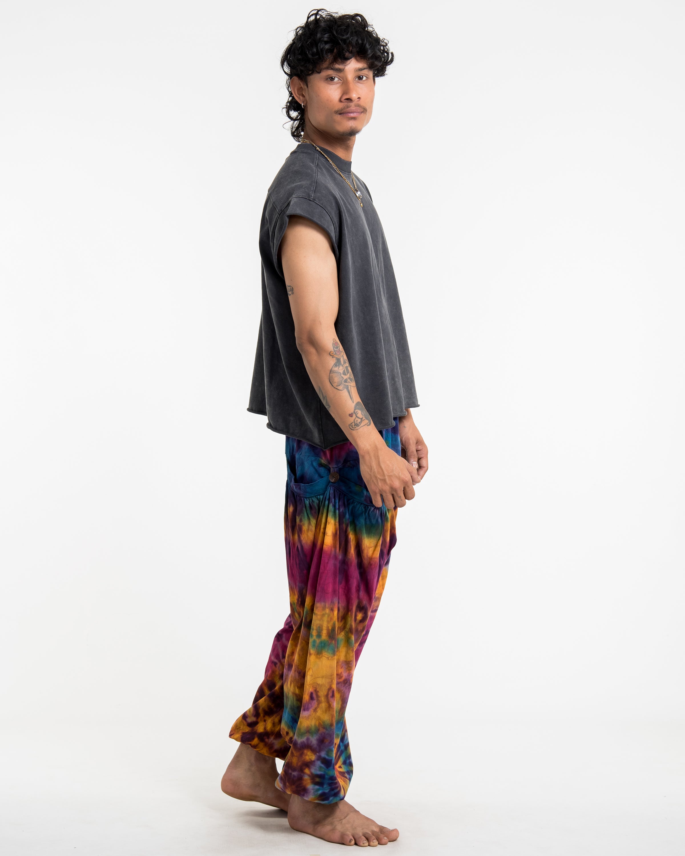 Tie Dye Cotton Men Harem Pants in Purple Rainbow