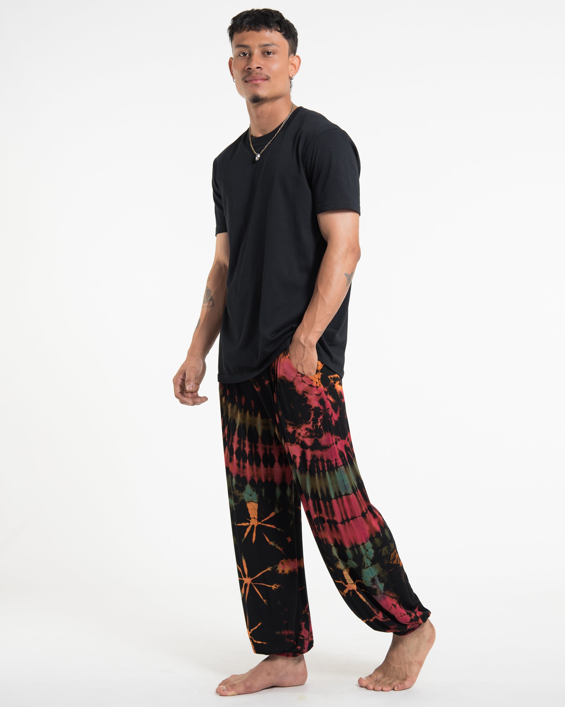 Soft Flex Mens Tie Dye Harem Pants in Black Pink