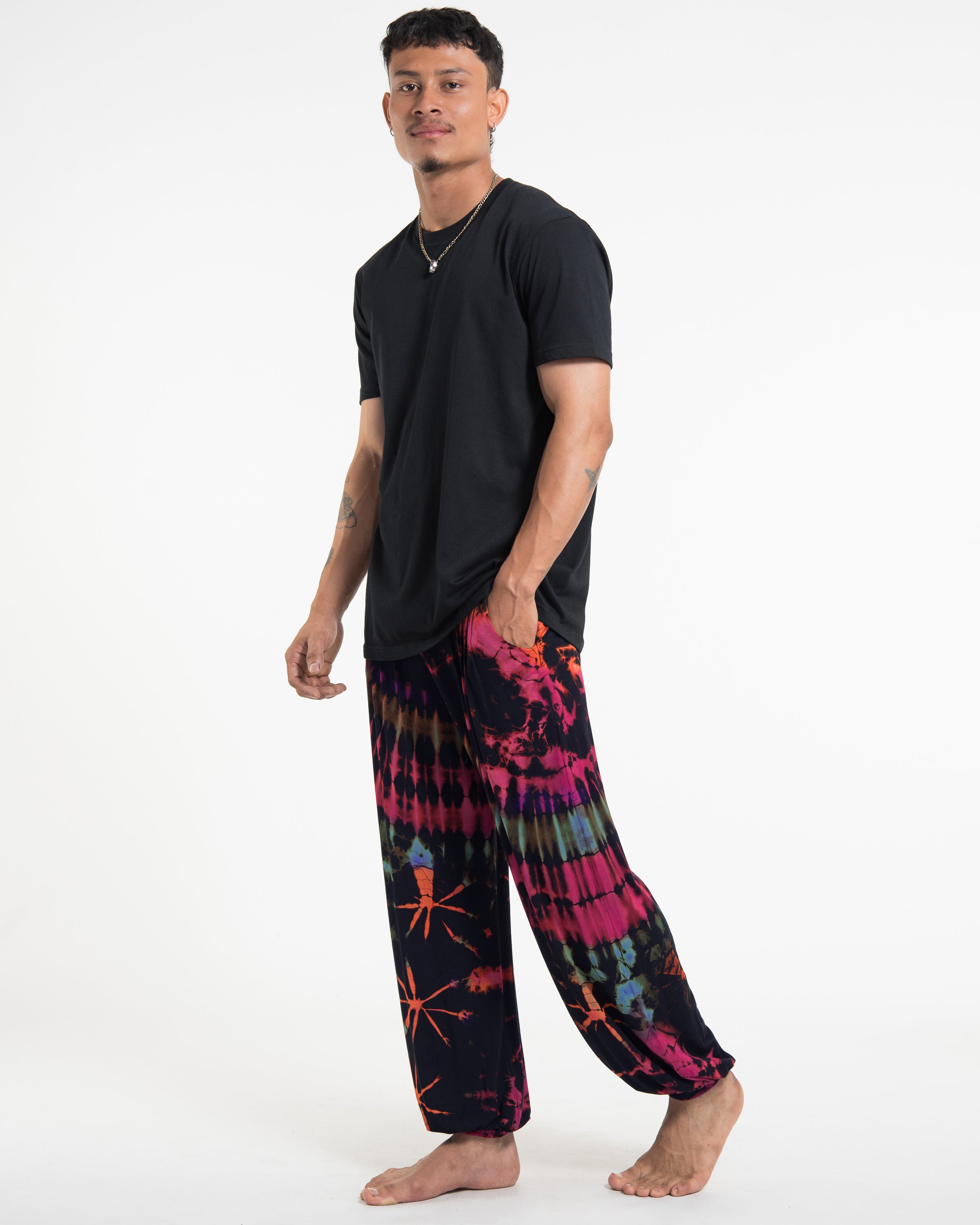Soft Flex Mens Tie Dye Harem Pants in Black Pink