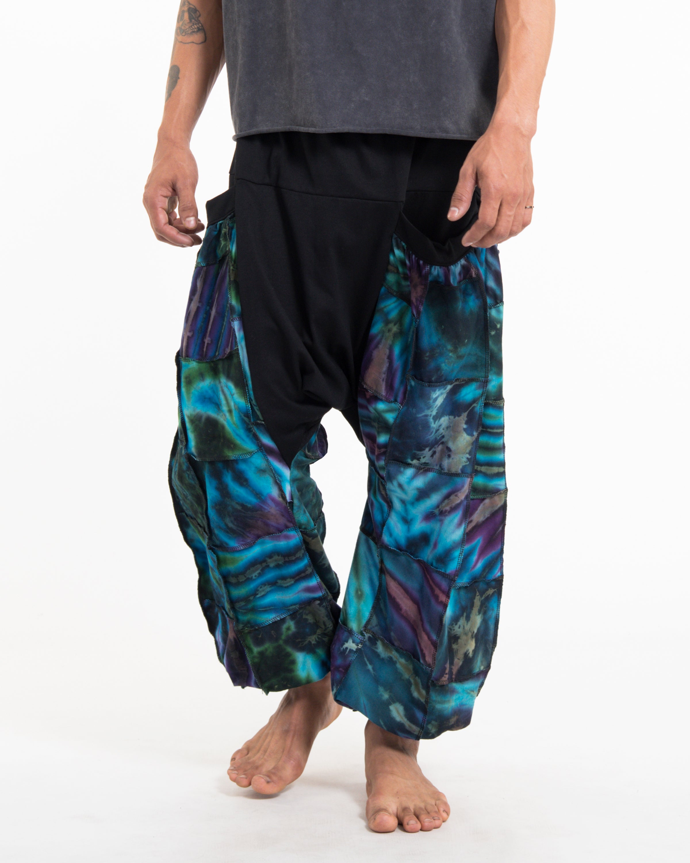 Tie Dye Cotton Men Harem Pants in Patchwork Black