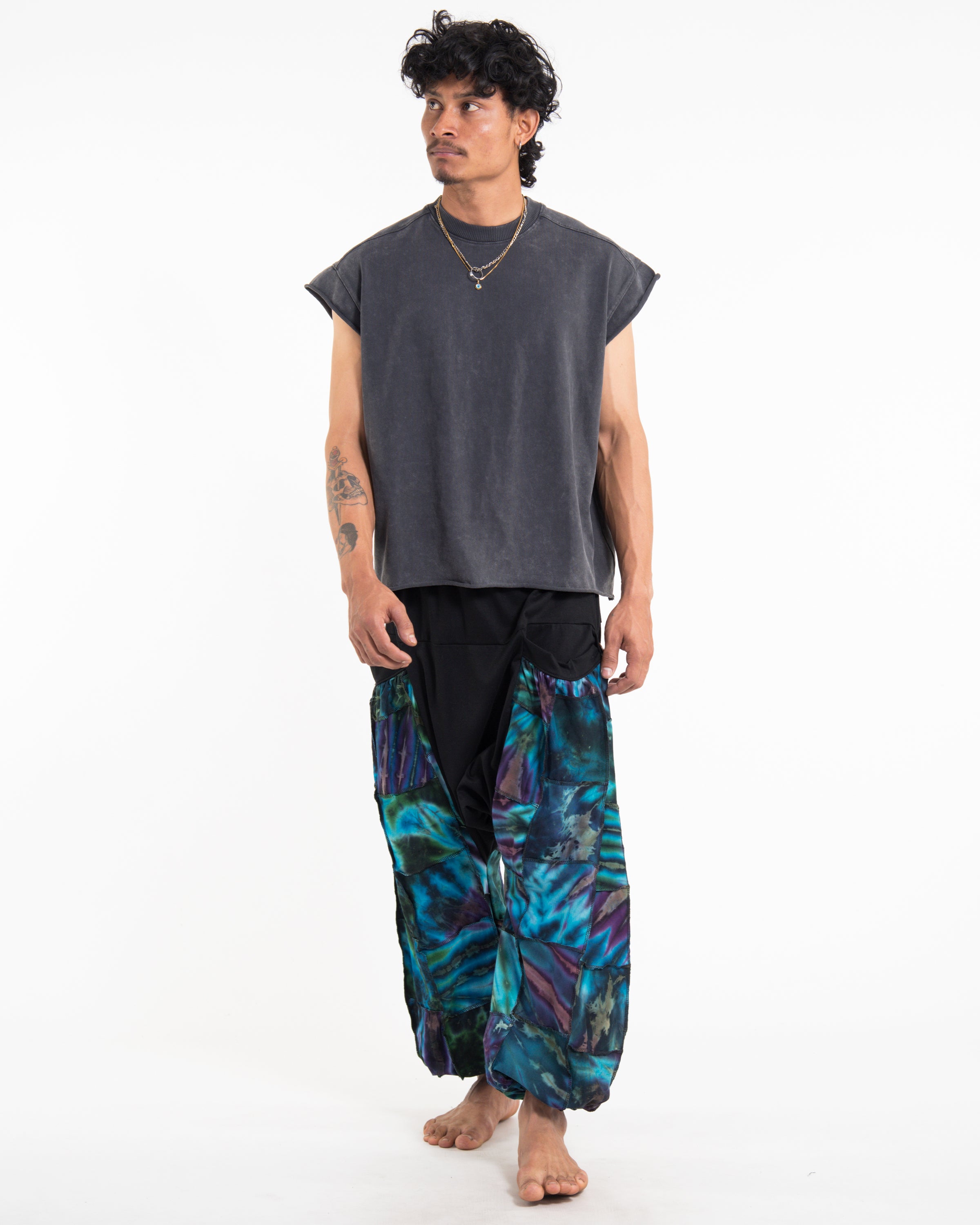 Tie Dye Cotton Men Harem Pants in Patchwork Black