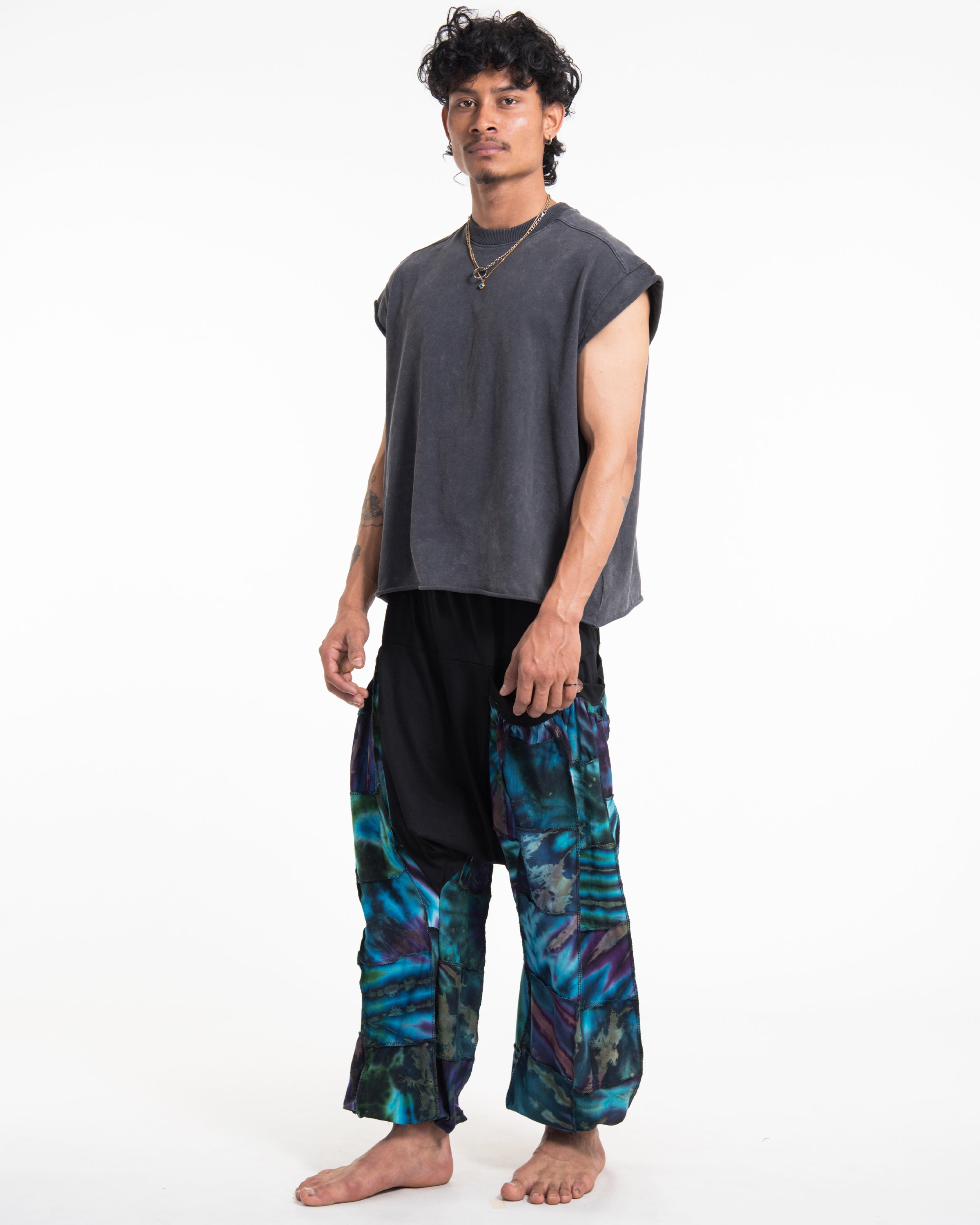 Tie Dye Cotton Men Harem Pants in Patchwork Black