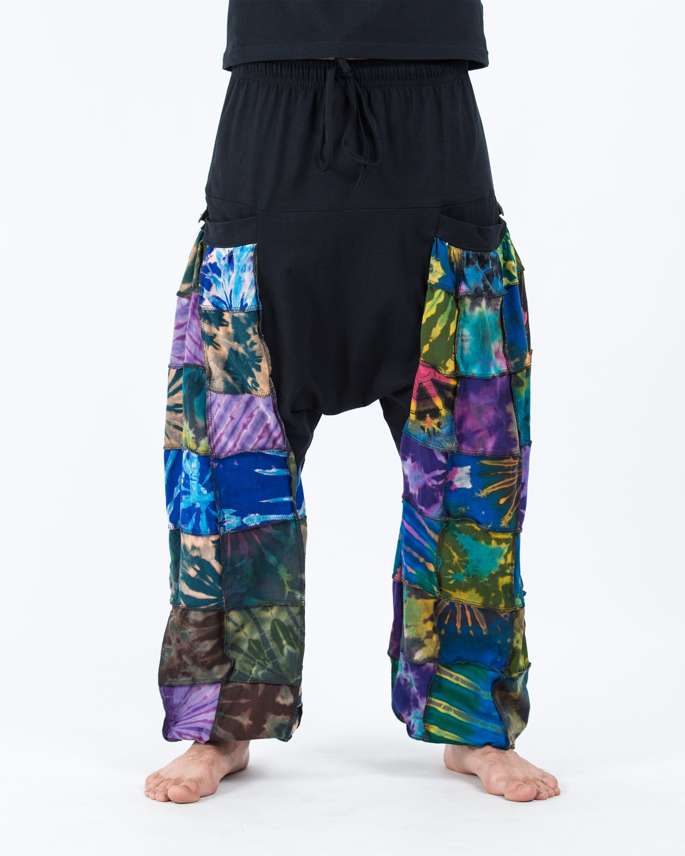 Tie Dye Cotton Men Harem Pants in Patchwork Black