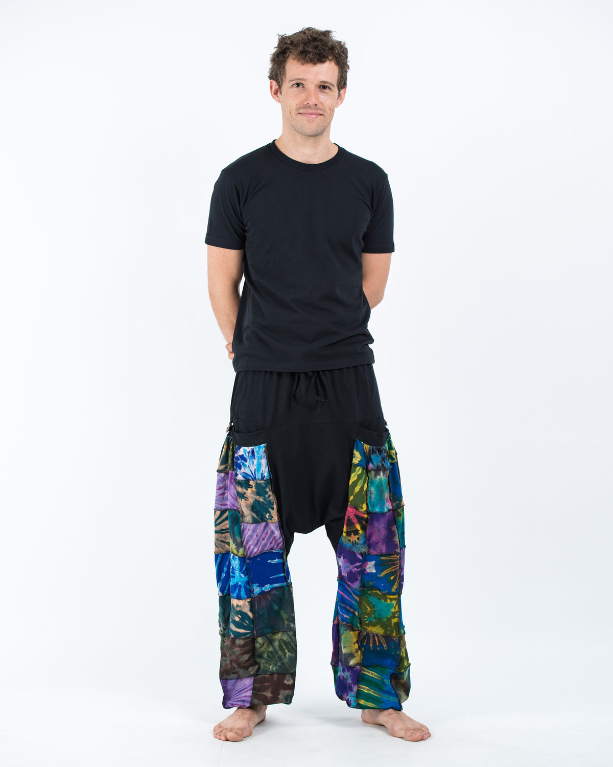 Tie Dye Cotton Men Harem Pants in Patchwork Black