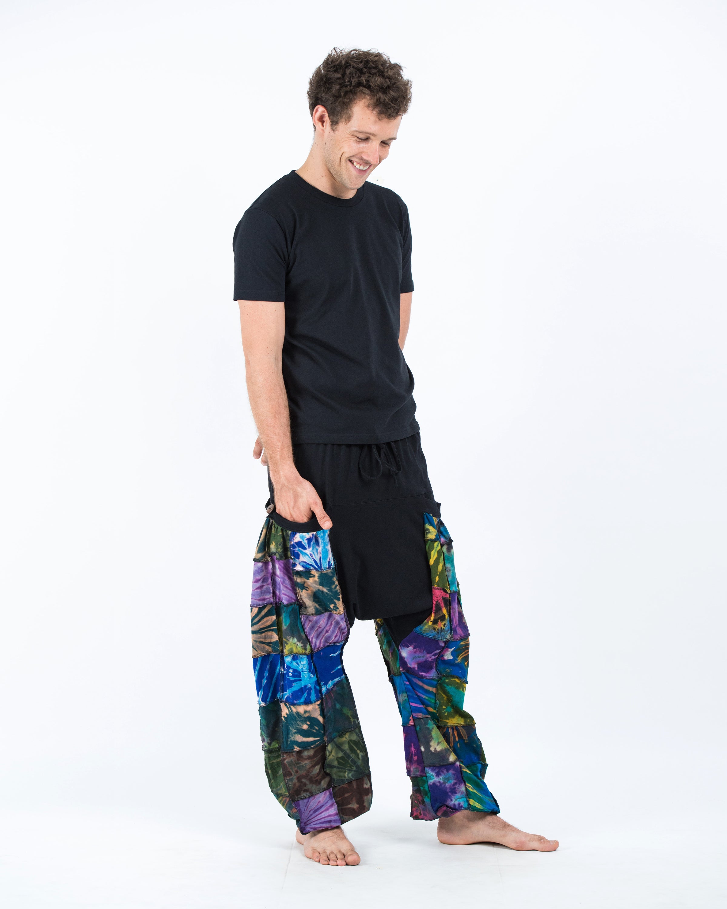 Tie Dye Cotton Men Harem Pants in Patchwork Black