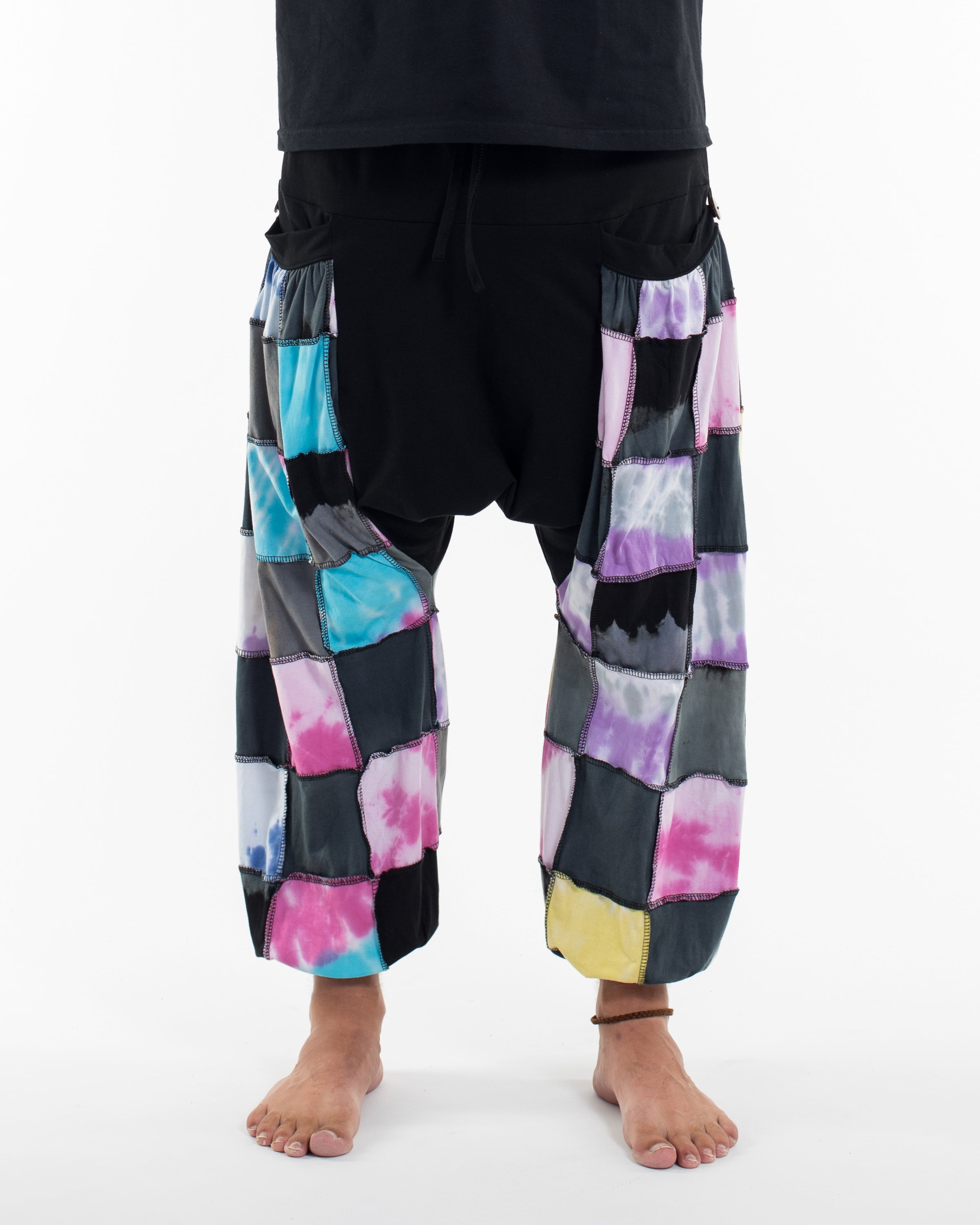 Tie Dye Cotton Men Harem Pants in Patchwork Black Candy