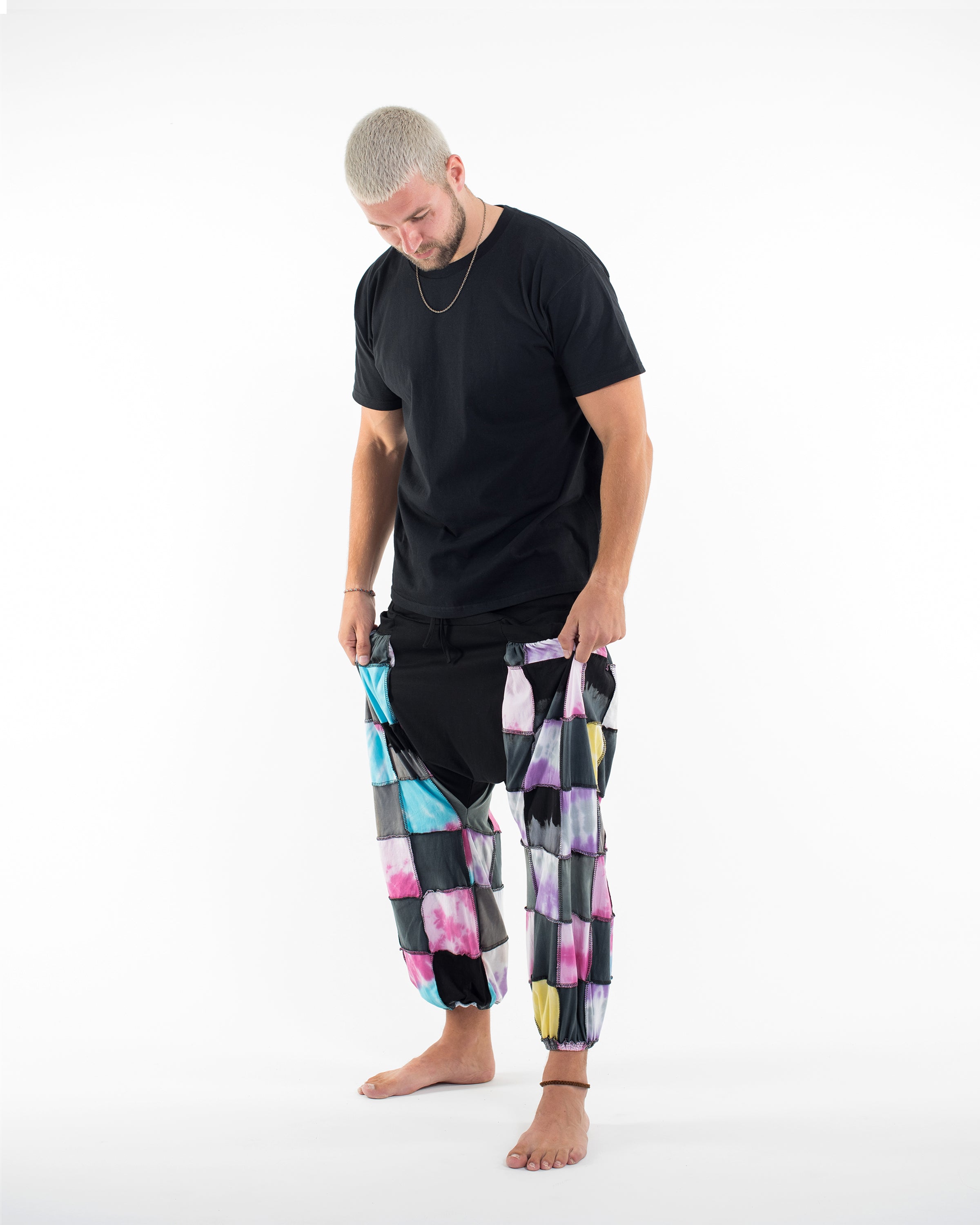 Tie Dye Cotton Men Harem Pants in Patchwork Black Candy
