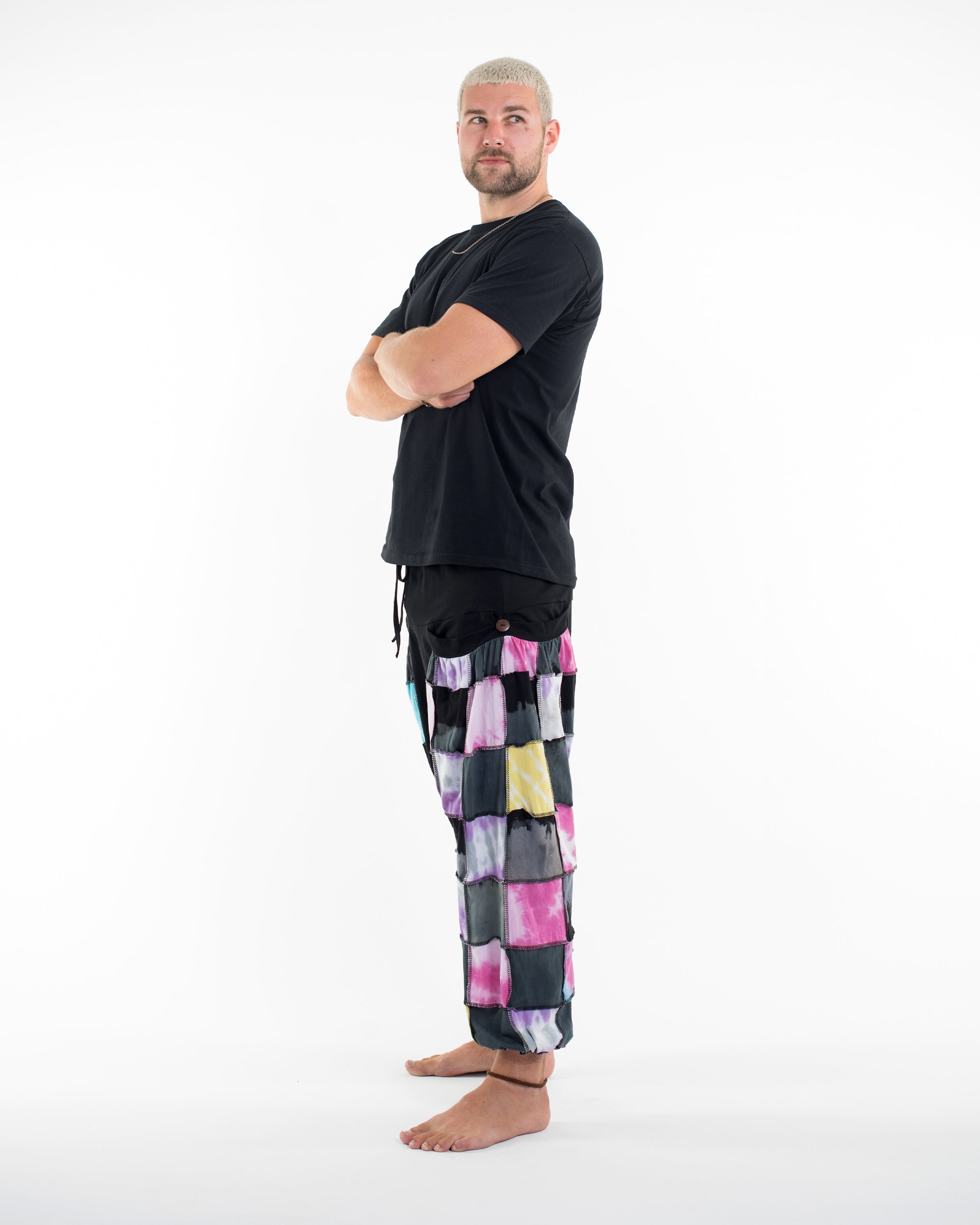 Tie Dye Cotton Men Harem Pants in Patchwork Black Candy
