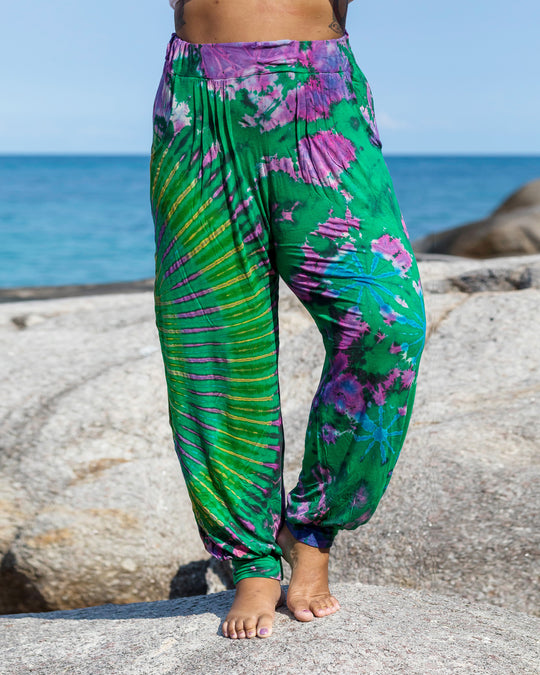 Plus Size Tie Dye Cotton Men Harem Pants in Green