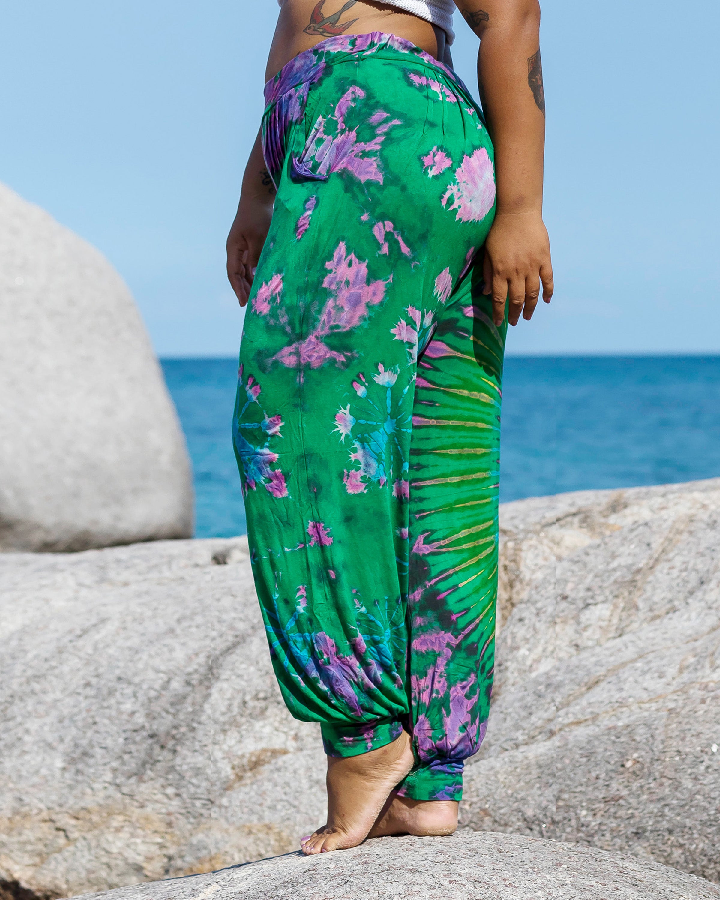 Plus Size Soft Flex Mens Tie Dye Harem Pants in Green