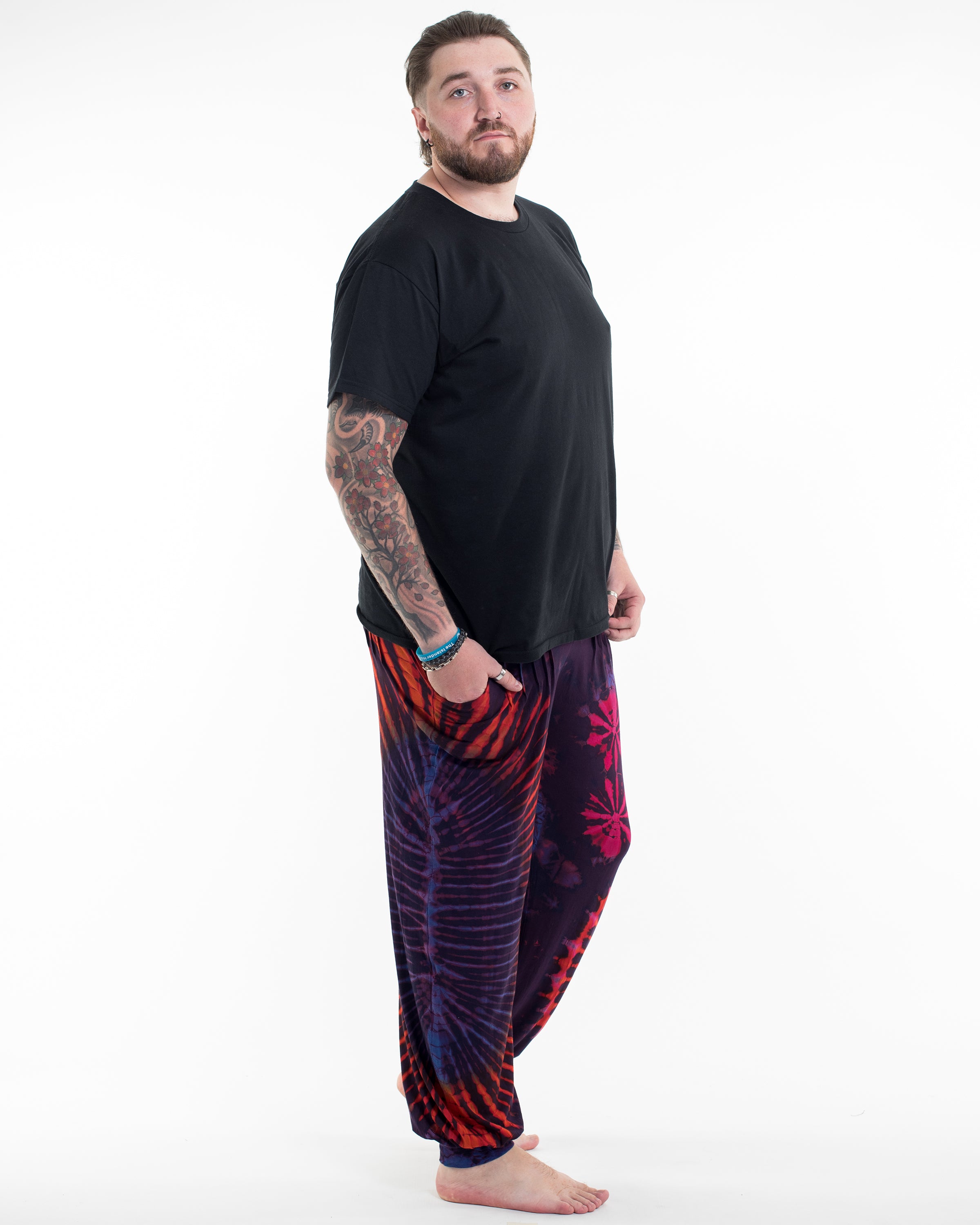 Plus Size Soft Flex Mens Tie Dye Harem Pants in Purple