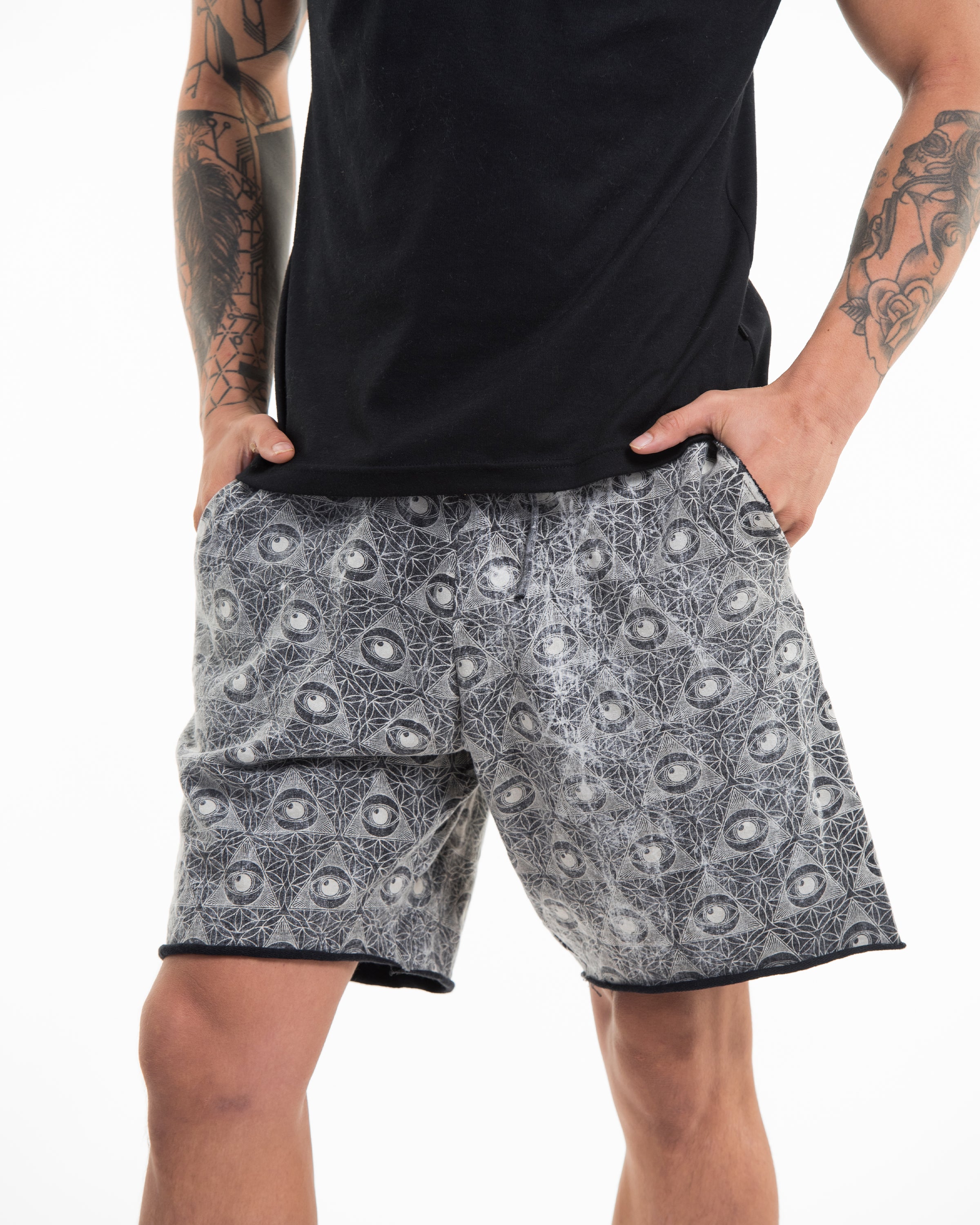 Unisex Pyramid Eye Stone Washed Shorts in Black