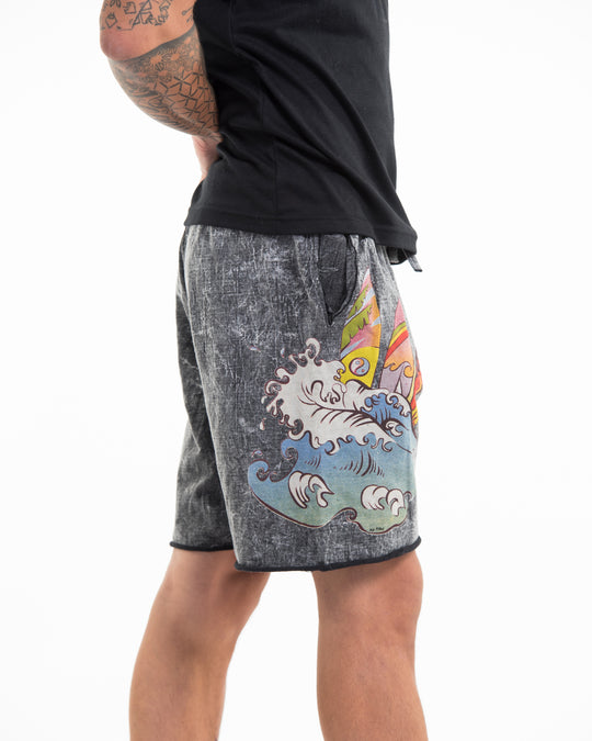 Unisex Wave Stone Washed Shorts in Black