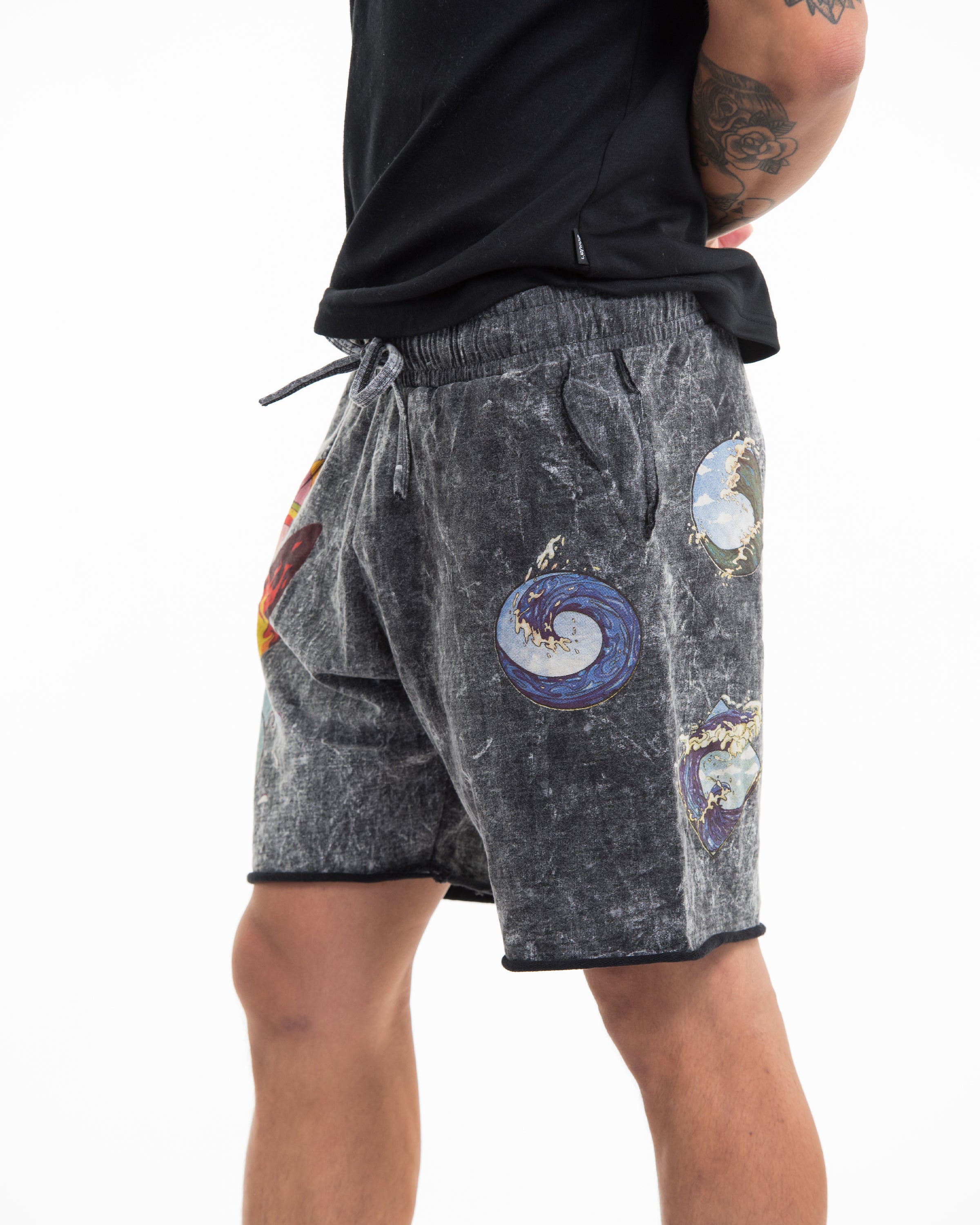 Unisex Wave Stone Washed Shorts in Black
