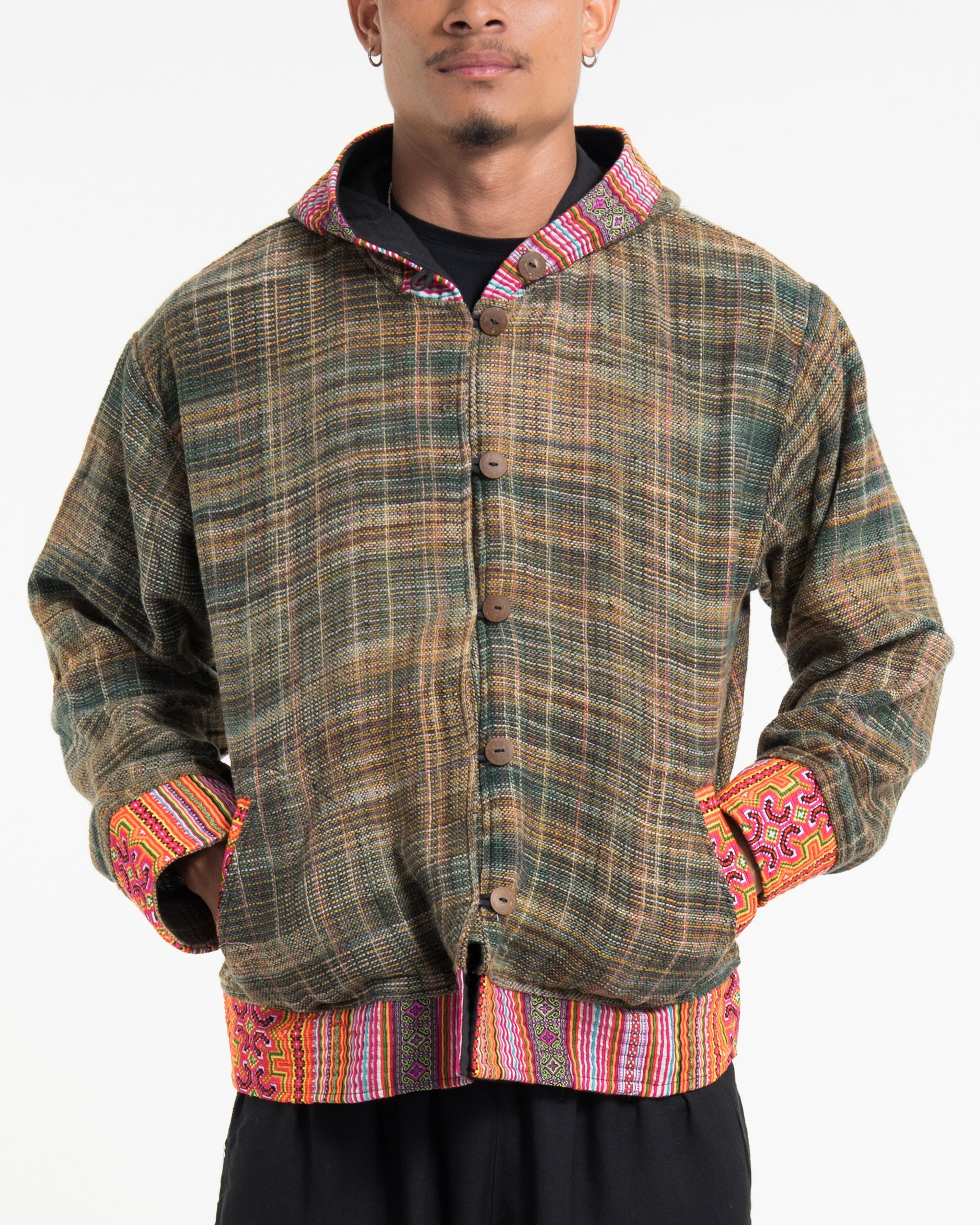 Light Hooded Button Hand-Woven Cotton Embroidered Jacket in Green